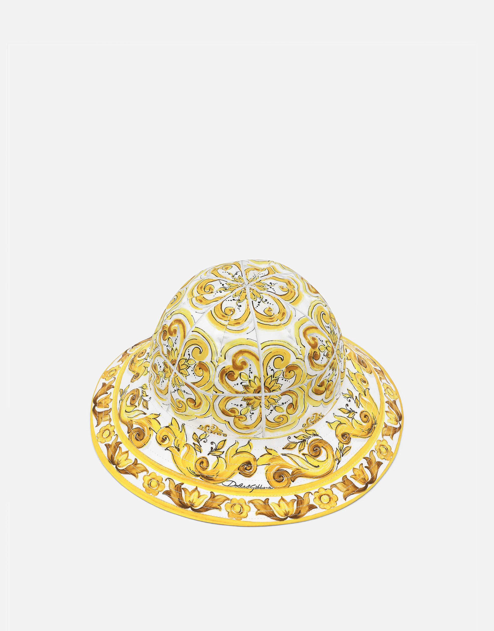 Dolce & Gabbana Poplin Bucket Hat With Yellow Majolica Print In Print