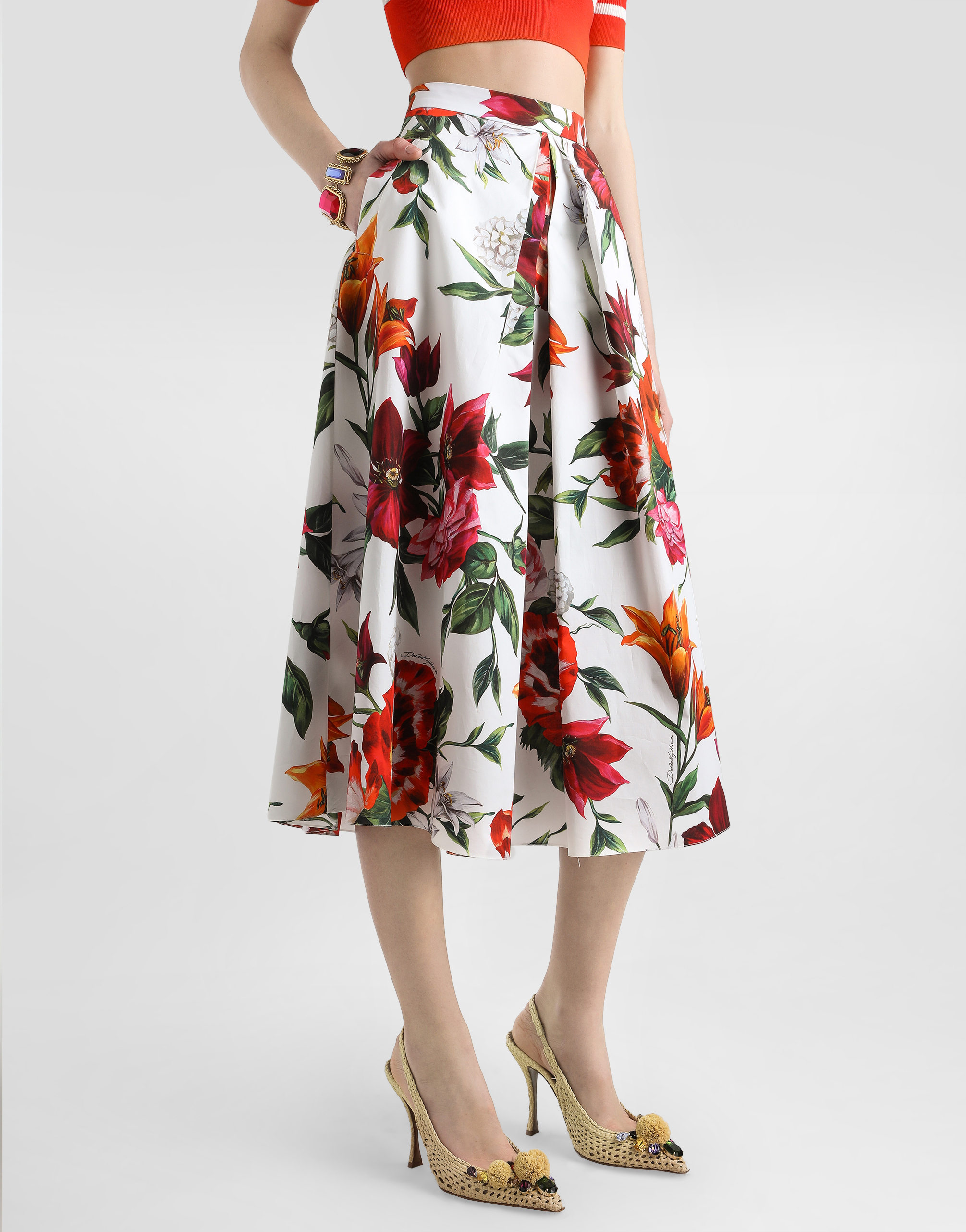 Dolce & Gabbana Multicolor Midi Skirt With All-over Floral Print And Rear Zip Closure In Cotton Woman