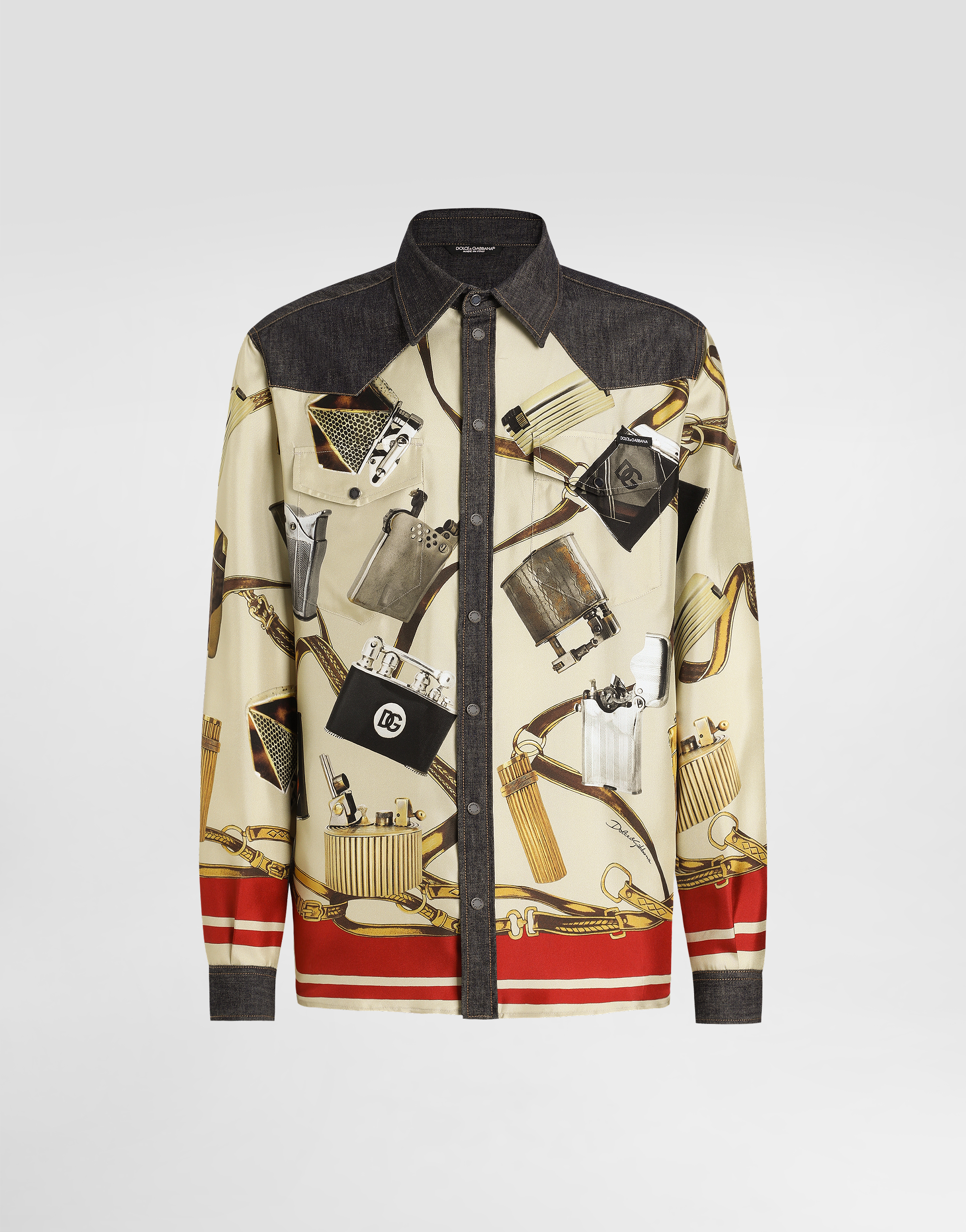 Dolce & Gabbana Silk And Denim Shirt With Lighter Print - Man Denim Multi-colored