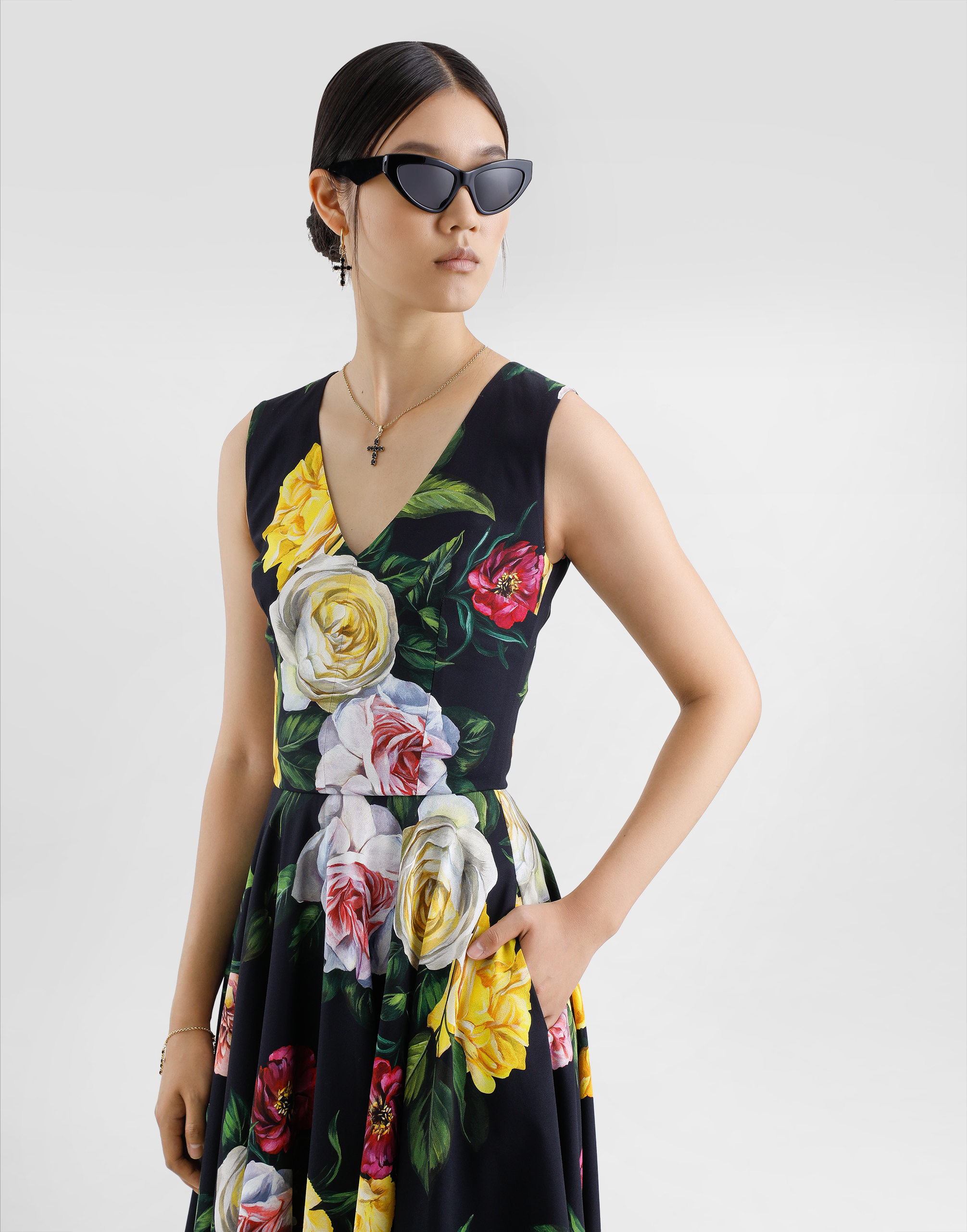 Peony and rose-print cady calf-length dress with circle skirt