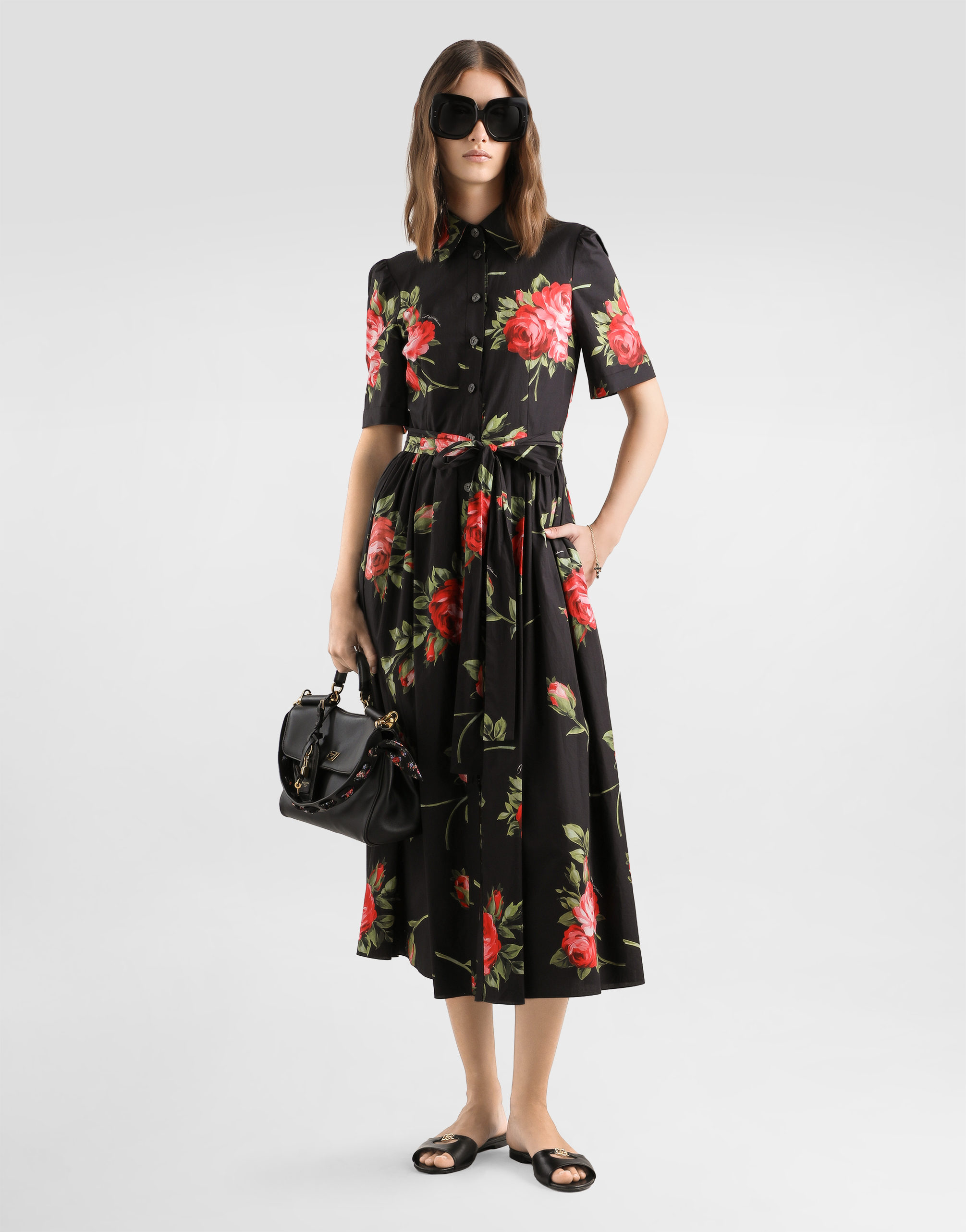 Dolce & Gabbana Rose Bouquet-print Poplin Shirt Dress In Multi