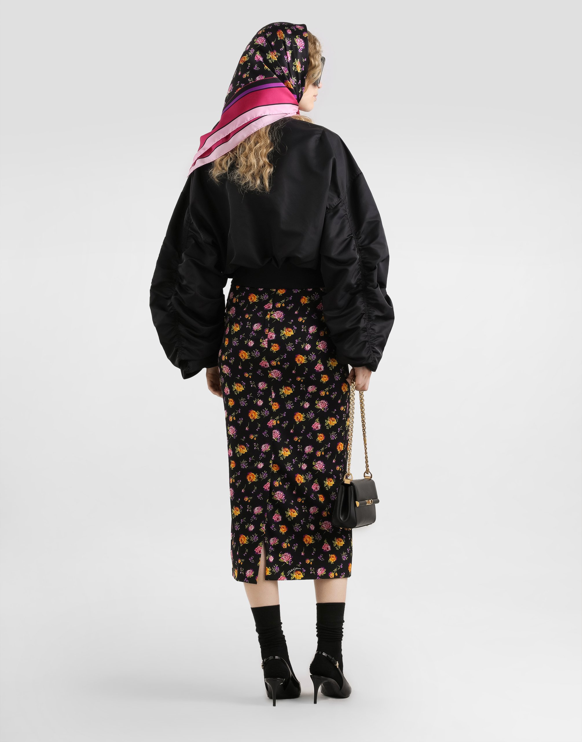 Dolce & Gabbana Small Rose Bouquets-print Straight Charmeuse Skirt In Multi