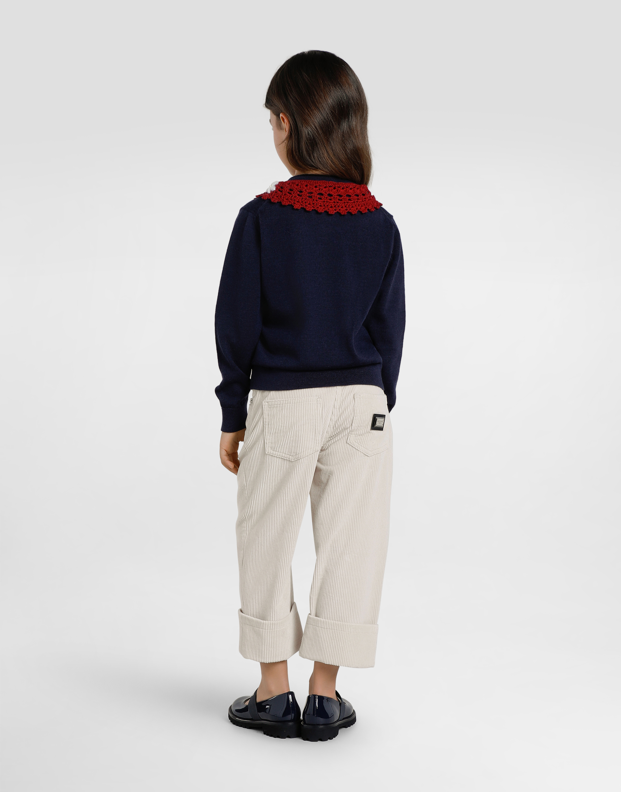 Dolce & Gabbana Wool Cardigan With Embroidered Crochet Collar In Blue