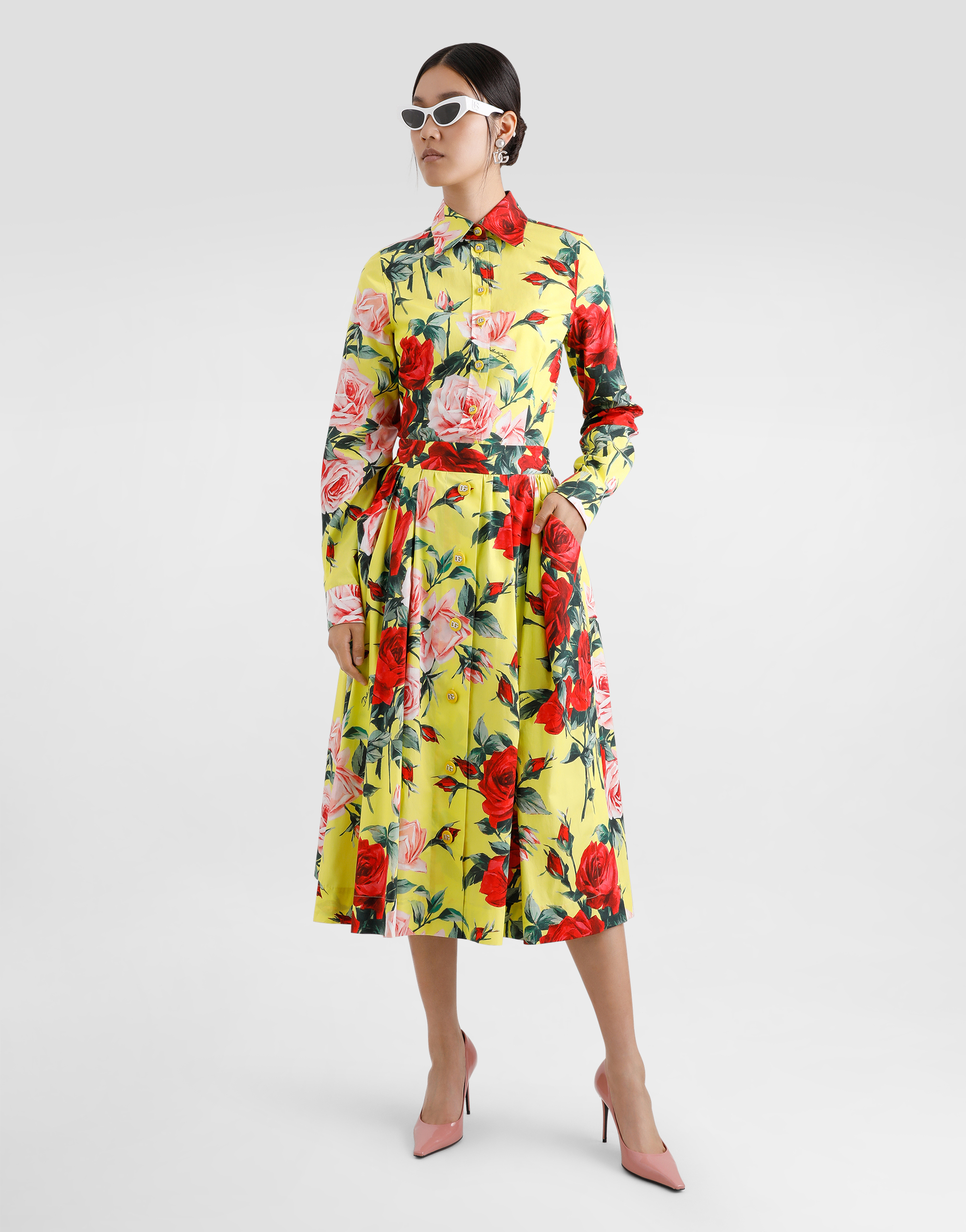Dolce & Gabbana Cotton Calf-length Skirt With Bouquet Print In Print