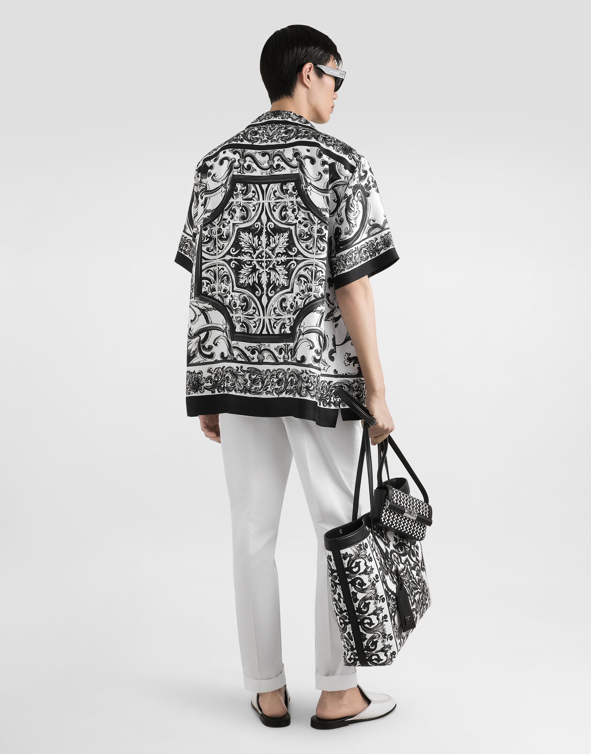 Dolce & Gabbana Maiolica Black And White Bowling Shirt With Cuban Collar And All-over Print In Silk Man In Black