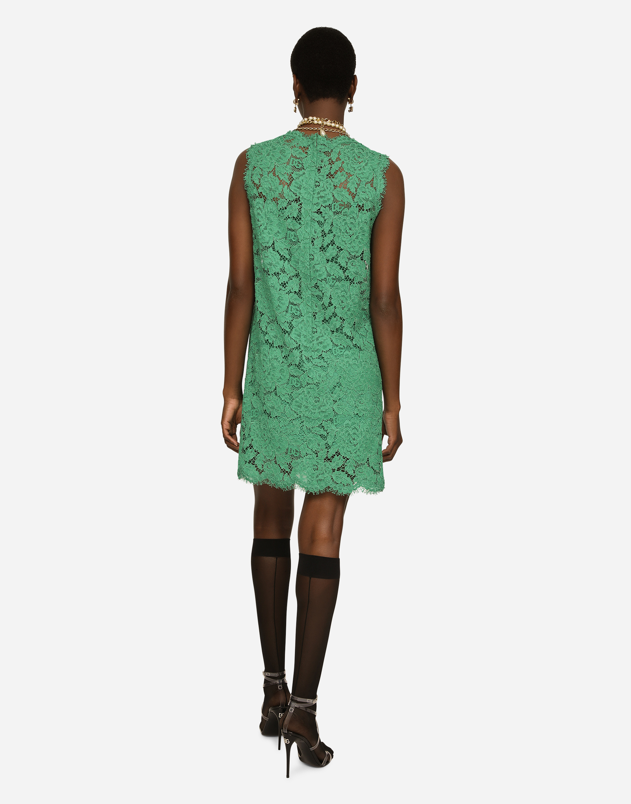 DOLCE & GABBANA A-LINE DRESS IN BRANDED STRETCH LACE