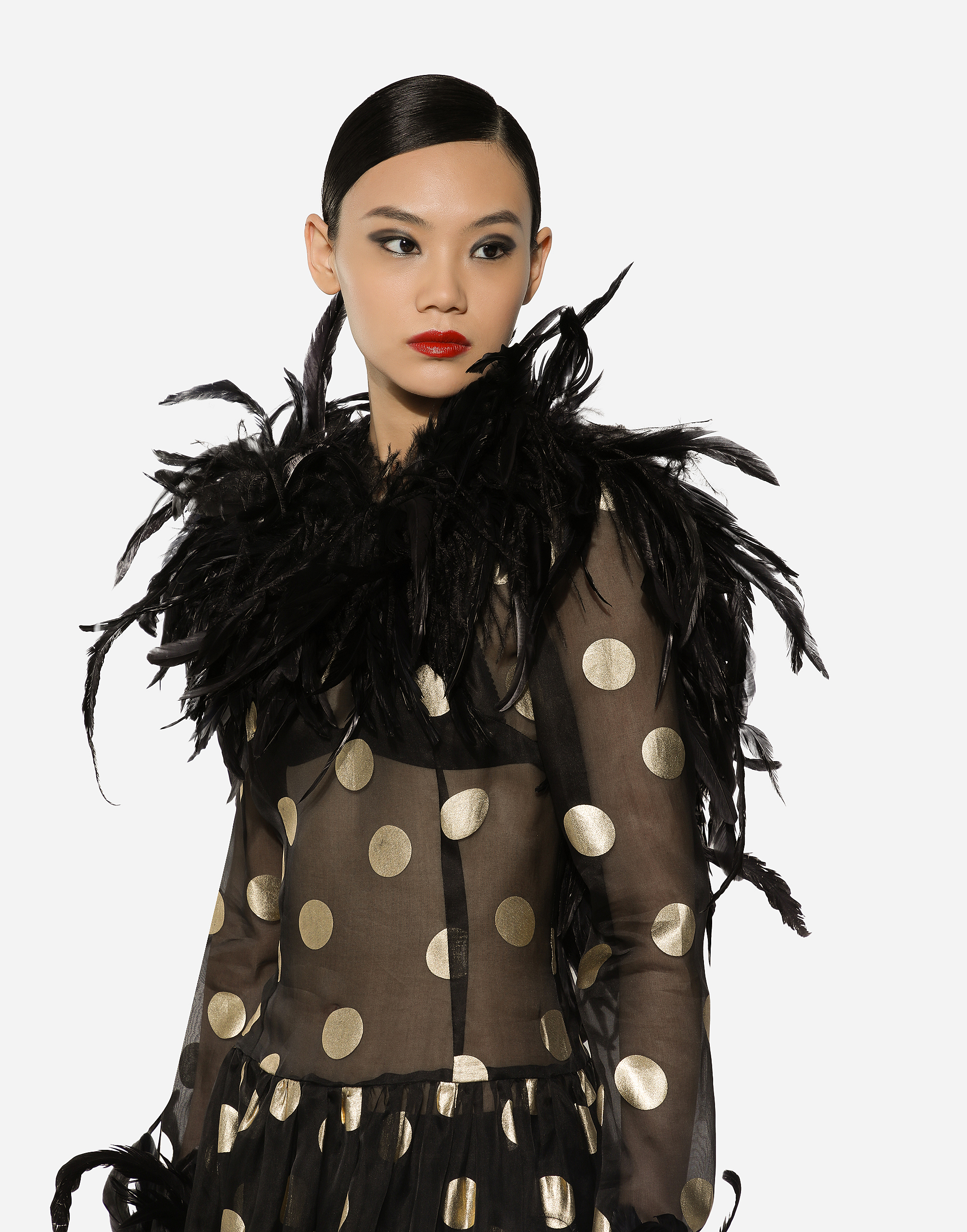 Long polka-dot silk organza dress with feathered details
