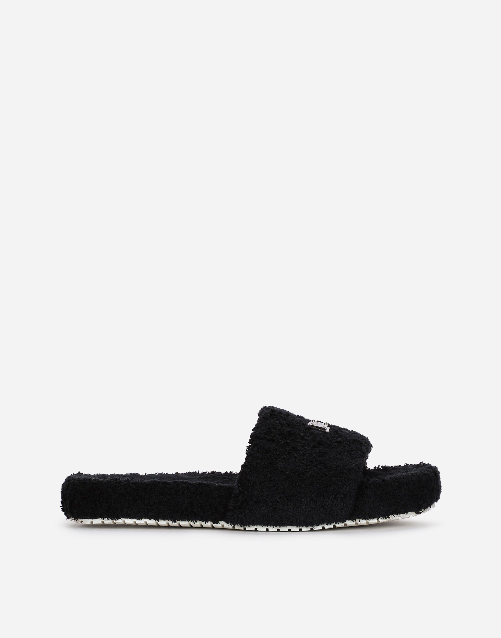 Dolce & Gabbana Terrycloth Sliders With Logo Tag In Black