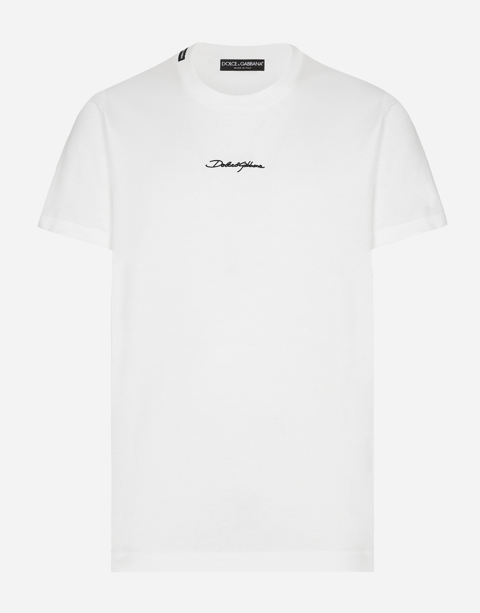 Dolce & Gabbana White Crewneck T-shirt With Signature Logo In Cotton Man In ホワイト