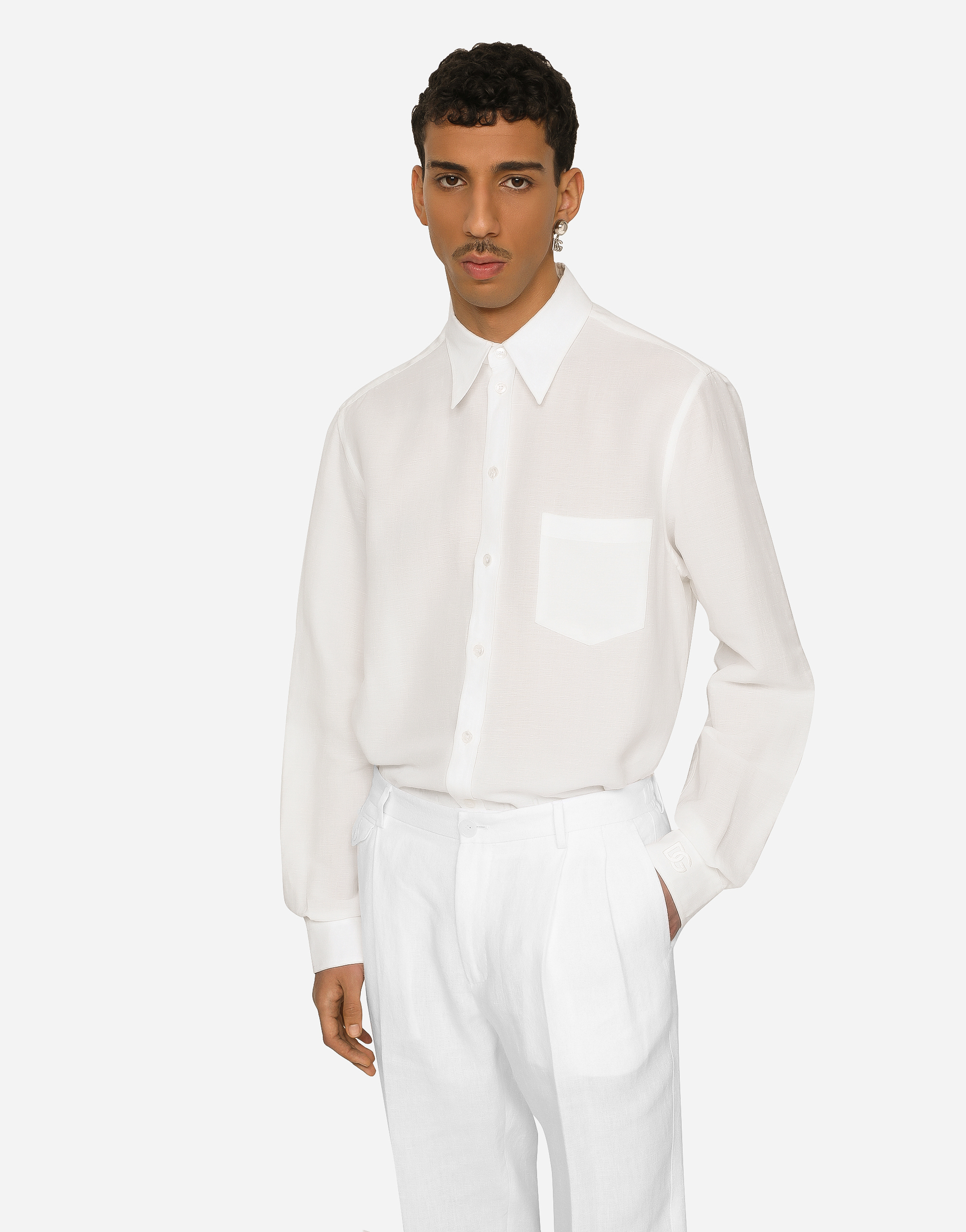 DOLCE & GABBANA LINEN-BLEND MARTINI-FIT SHIRT WITH DG EMBROIDERY