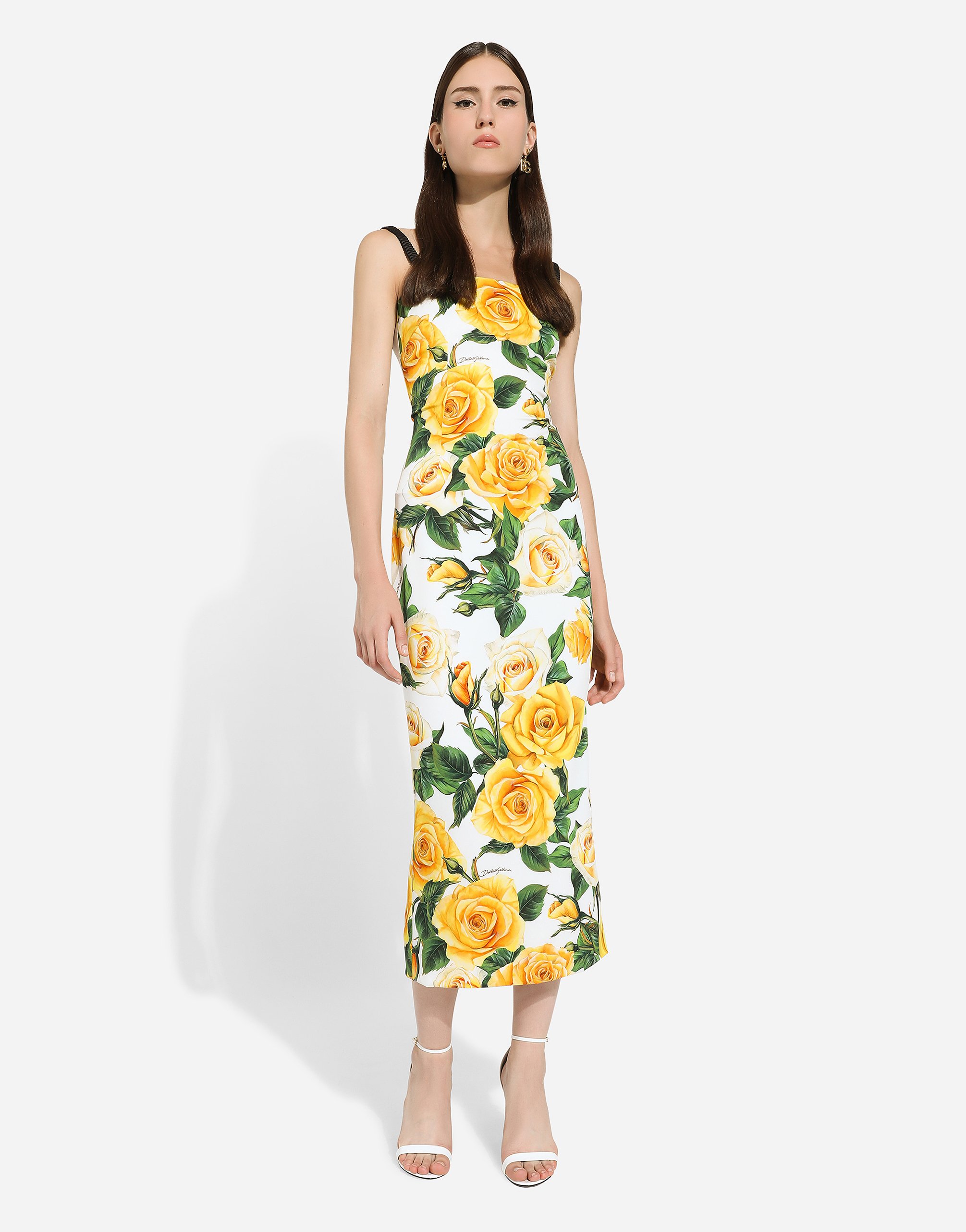 Shop Dolce & Gabbana Draped Charmeuse Dress With Yellow Rose Print