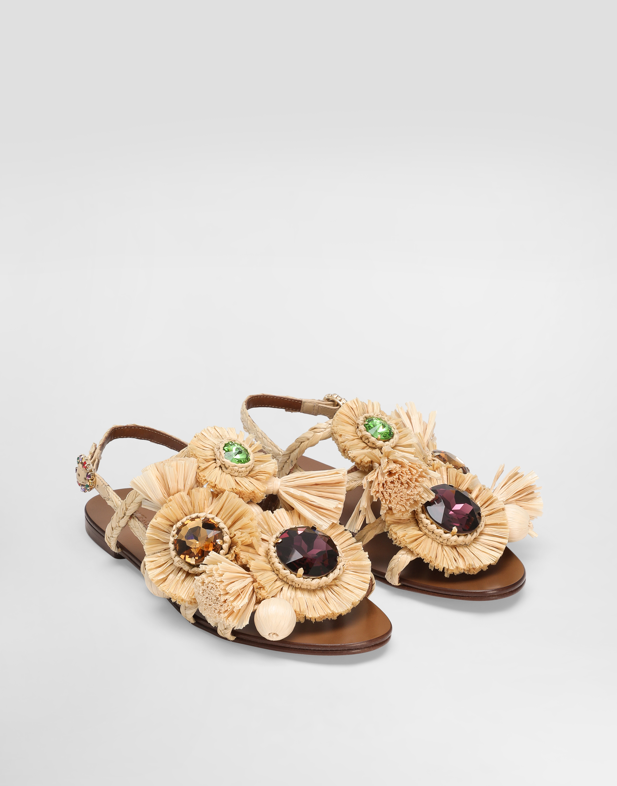 Dolce & Gabbana Embellished Raffia Flat Sandals In Multi