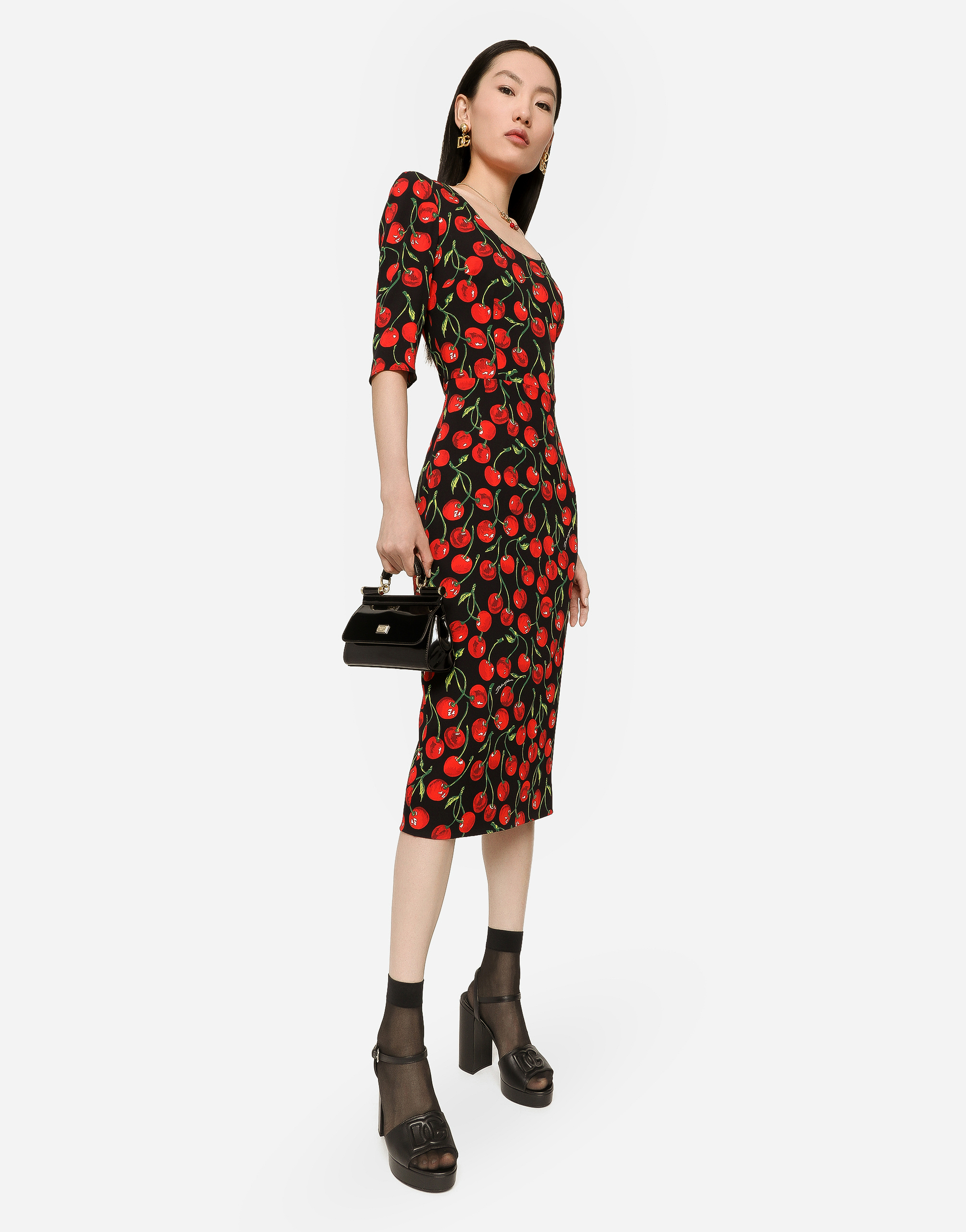 DOLCE & GABBANA CHERRY-PRINT CHARMEUSE CALF-LENGTH DRESS