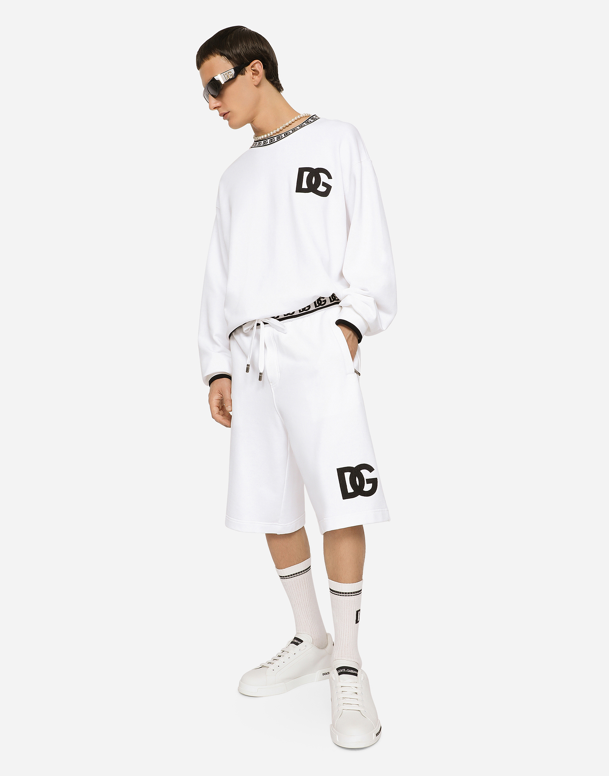 Shop Dolce & Gabbana Jersey Round-neck Sweatshirt With Dg Embroidery In White