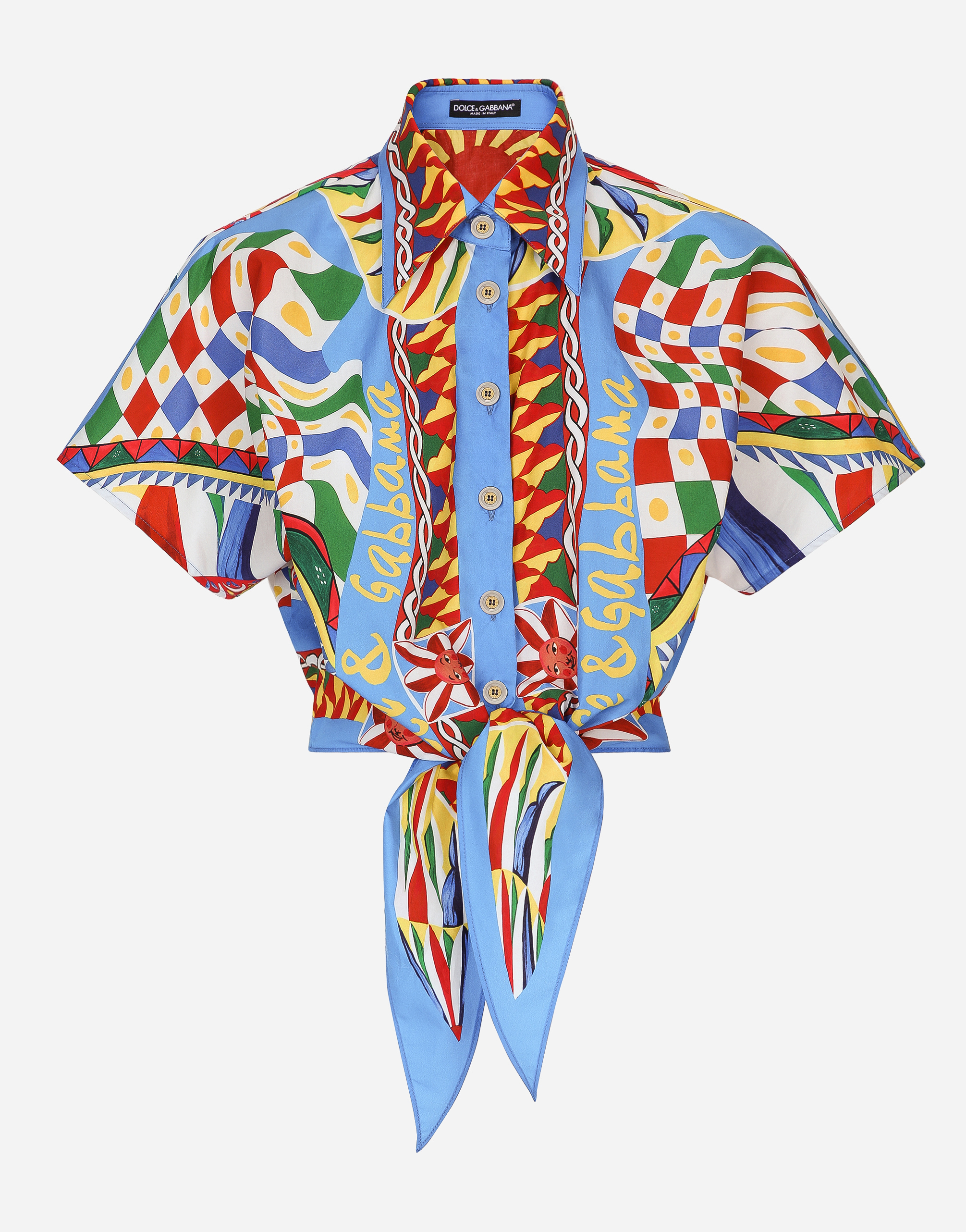 DOLCE & GABBANA SHORT CARRETTO-PRINT POPLIN SHIRT WITH KNOT DETAIL