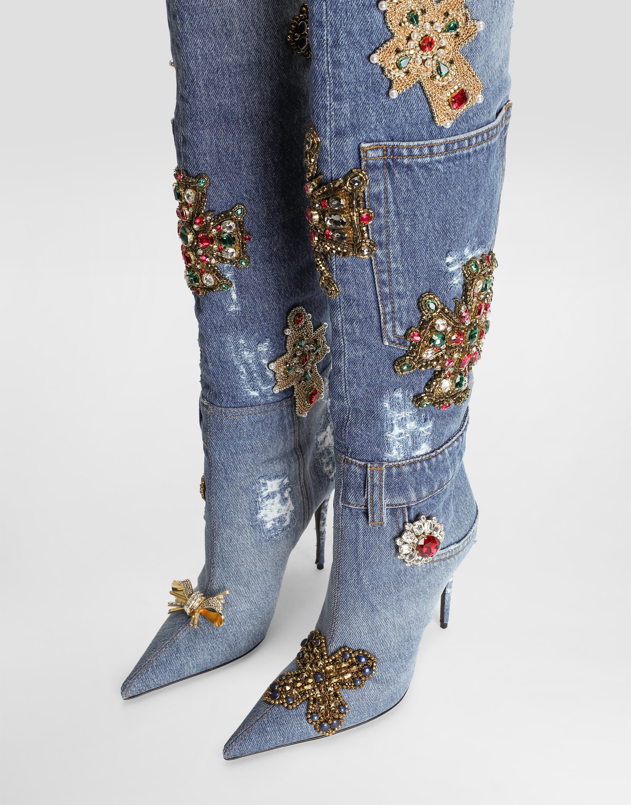 Dolce & Gabbana Denim Boots With Embroidery And Stones In Multi