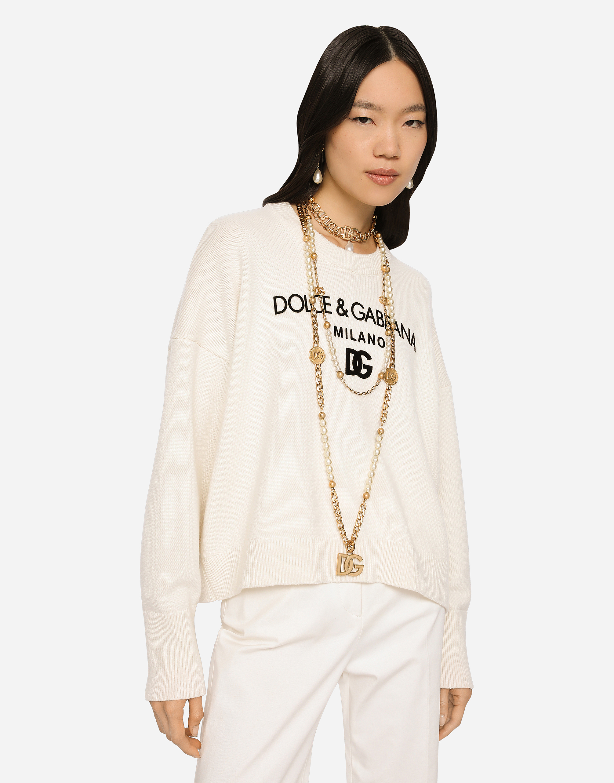 Shop Dolce & Gabbana Cashmere Sweater With Flocked Dg Logo In White