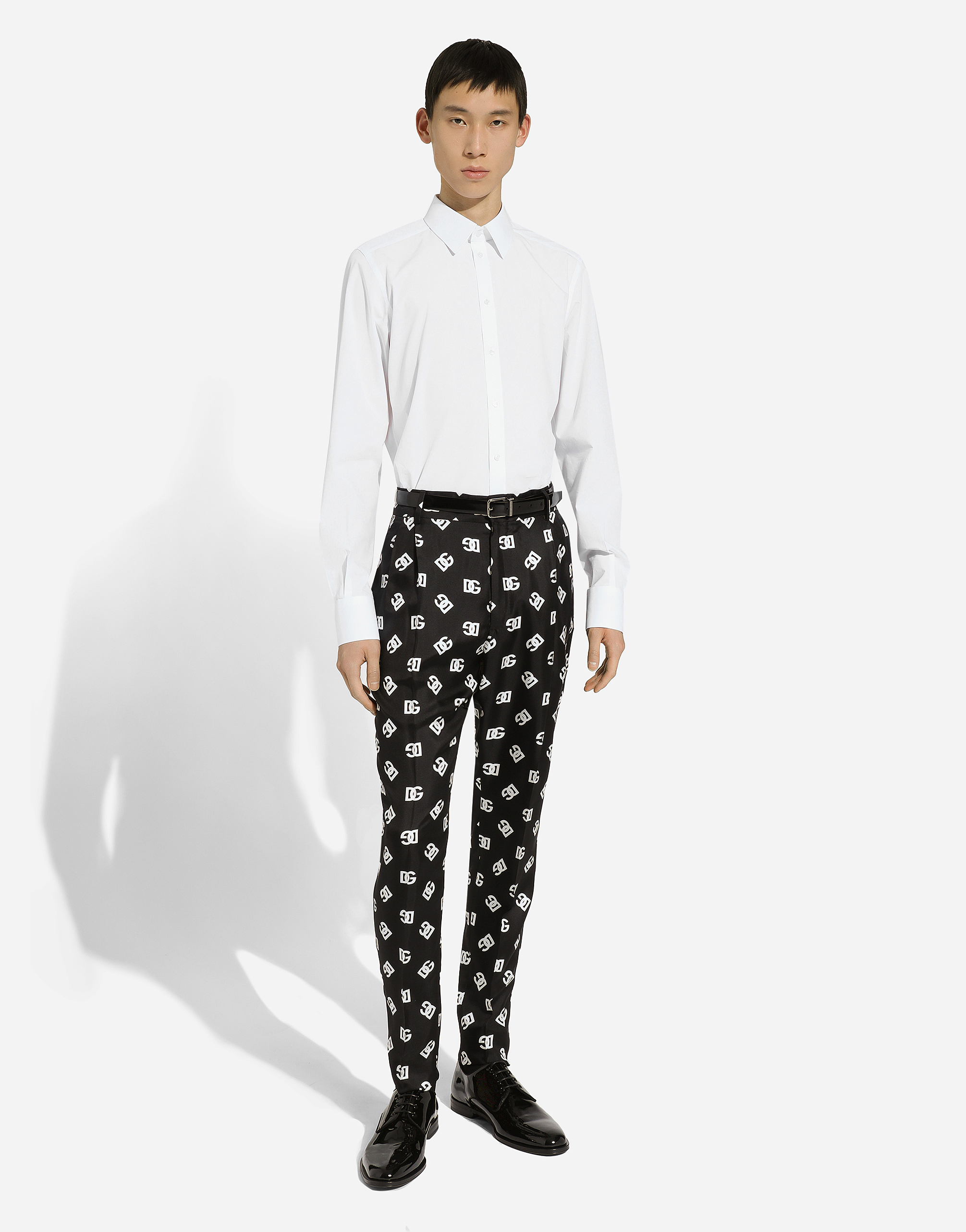 DOLCE & GABBANA SILK TWILL PANTS WITH DG MONOGRAM PRINT