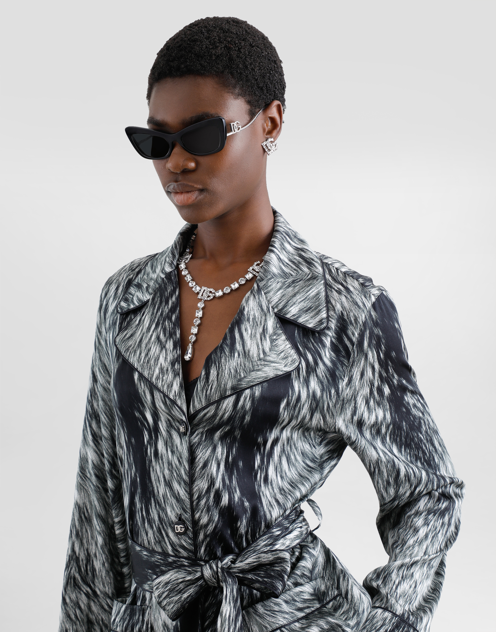 Dolce & Gabbana Silk Satin Pajama Shirt With Fur Print In Grey