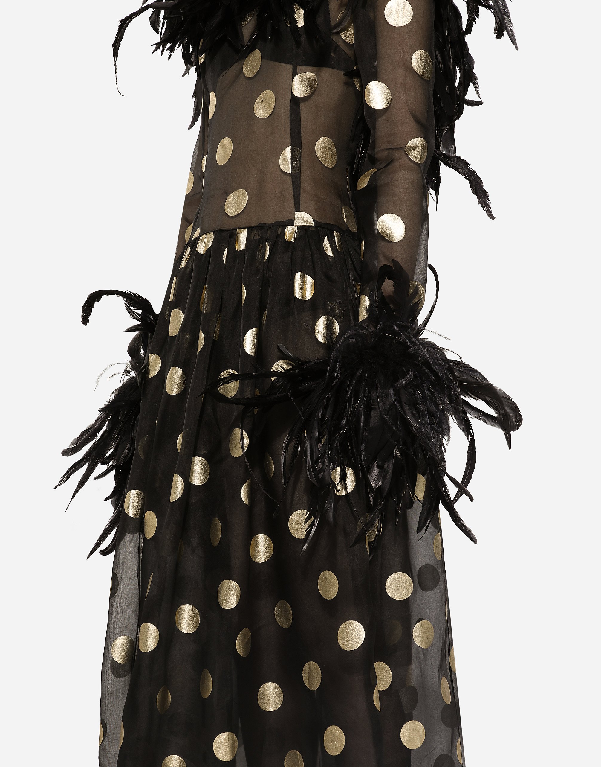 Long polka-dot silk organza dress with feathered details