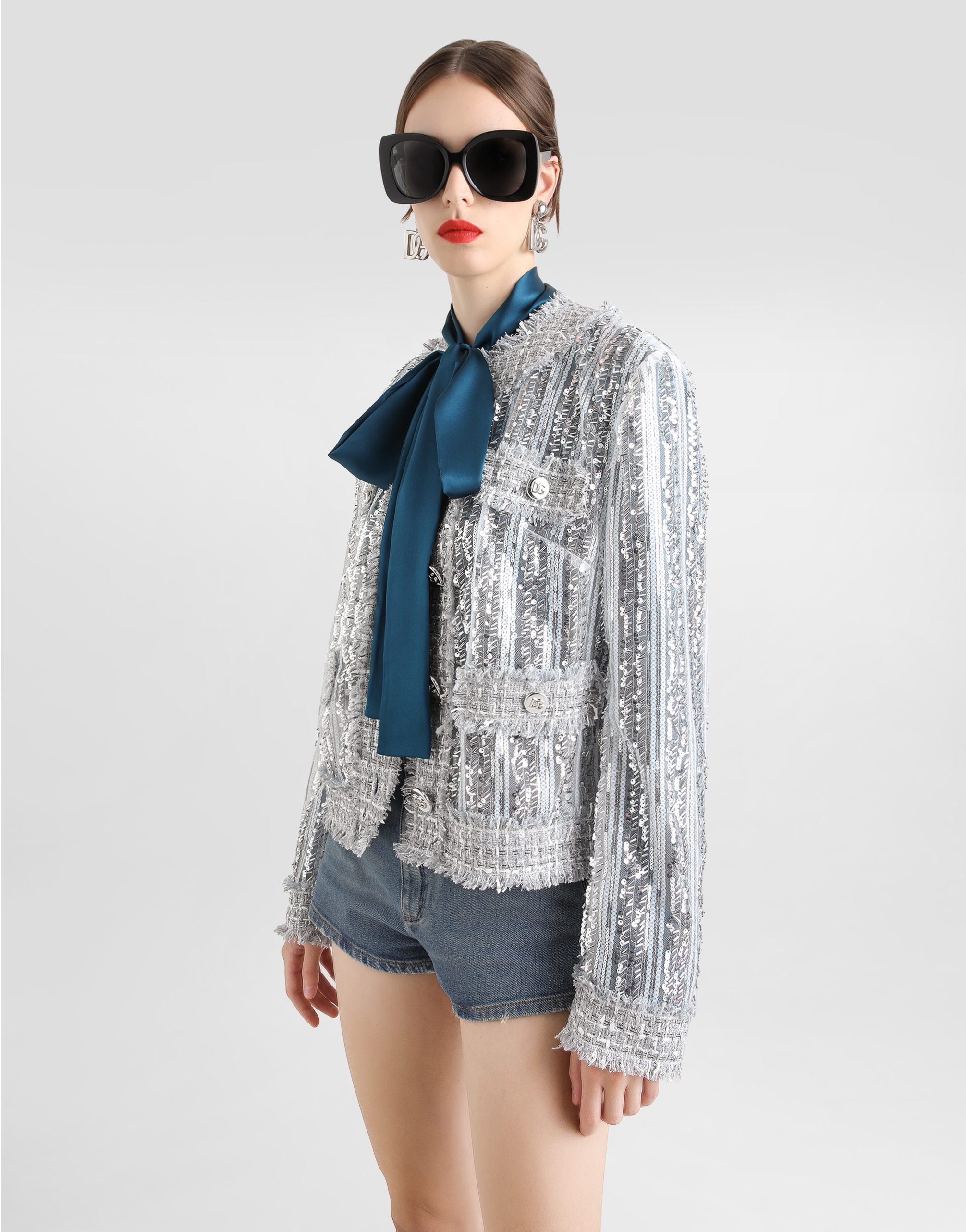 Dolce & Gabbana Tulle Gabbana Jacket With Sequin Embroidery In Silver