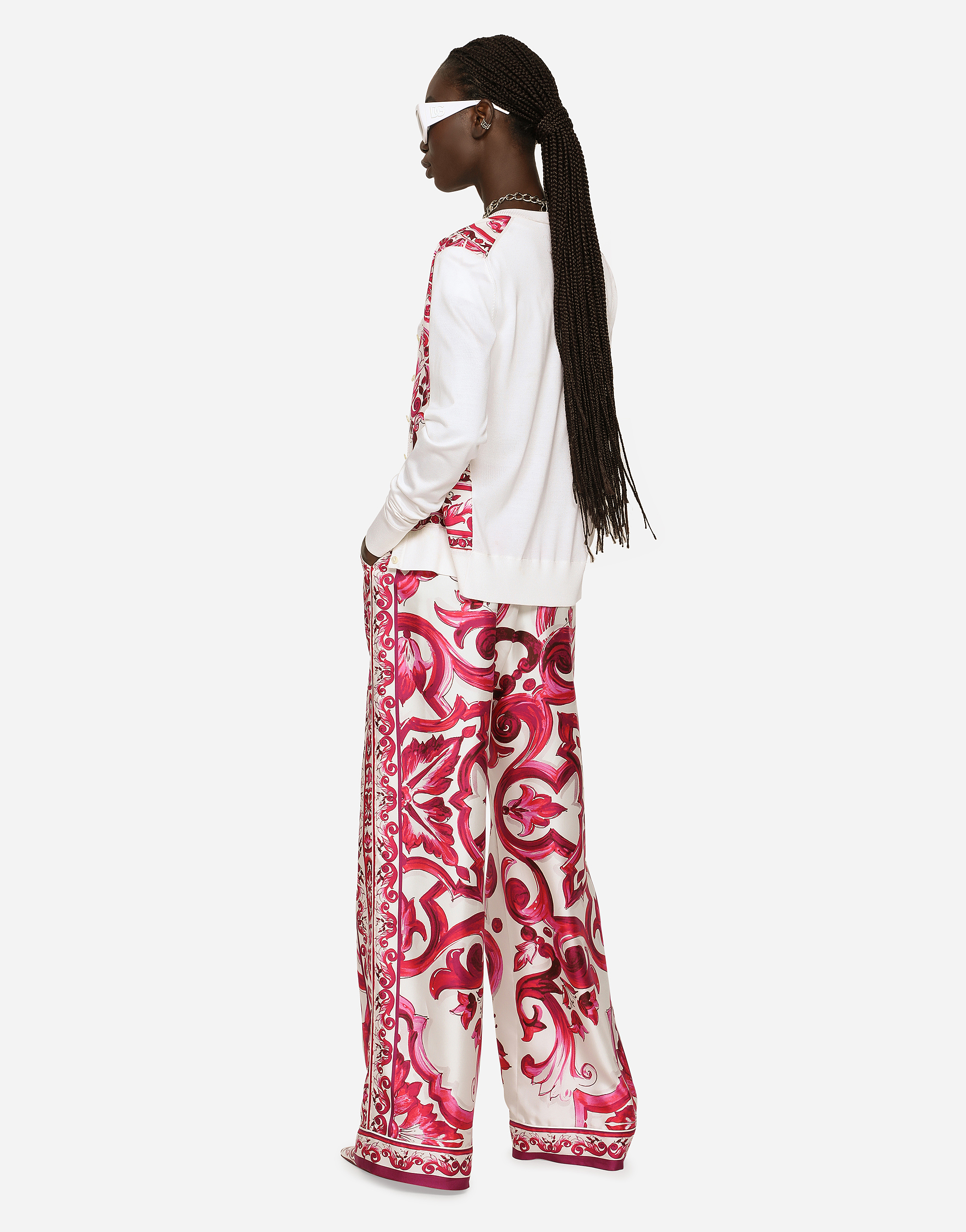 DOLCE & GABBANA MAJOLICA-PRINT SILK AND TWILL CARDIGAN