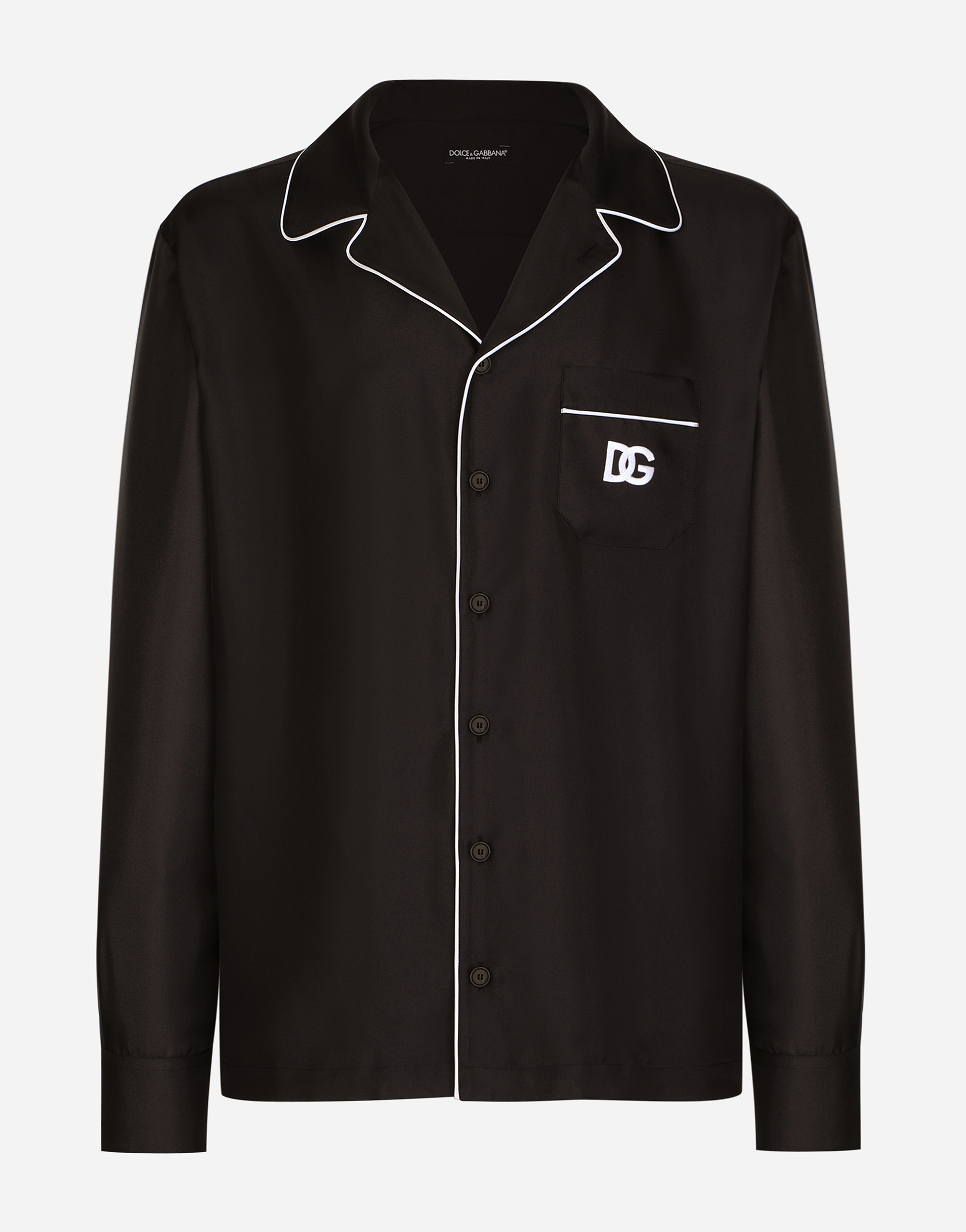 Dolce & Gabbana Silk Shirt With Dg Logo-embroidered Patch In Black