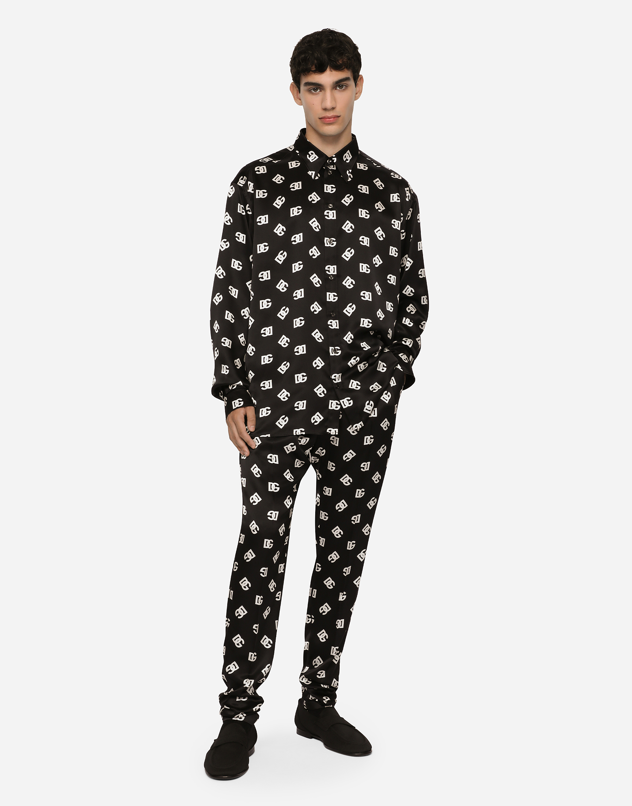 DOLCE & GABBANA OVERSIZE SILK TWILL SHIRT WITH DG MONOGRAM PRINT
