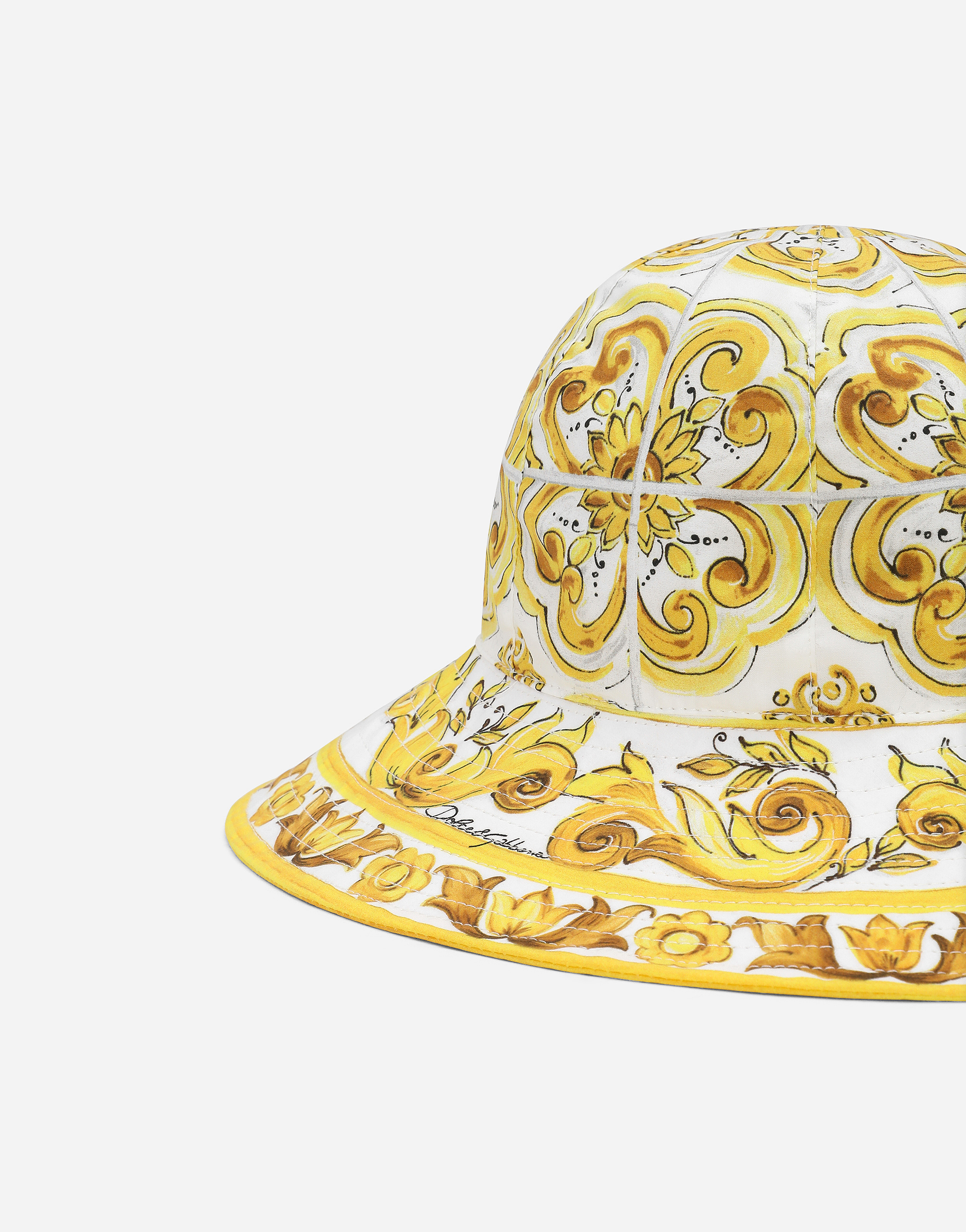 Dolce & Gabbana Poplin Bucket Hat With Yellow Majolica Print In Print