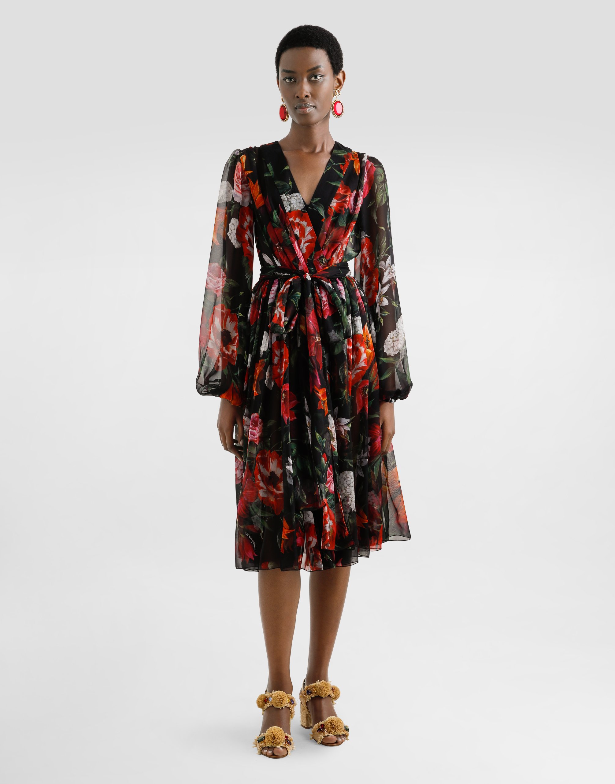 Dolce & Gabbana Belted Ruffled Floral-print Silk-chiffon Midi Dress In Multi