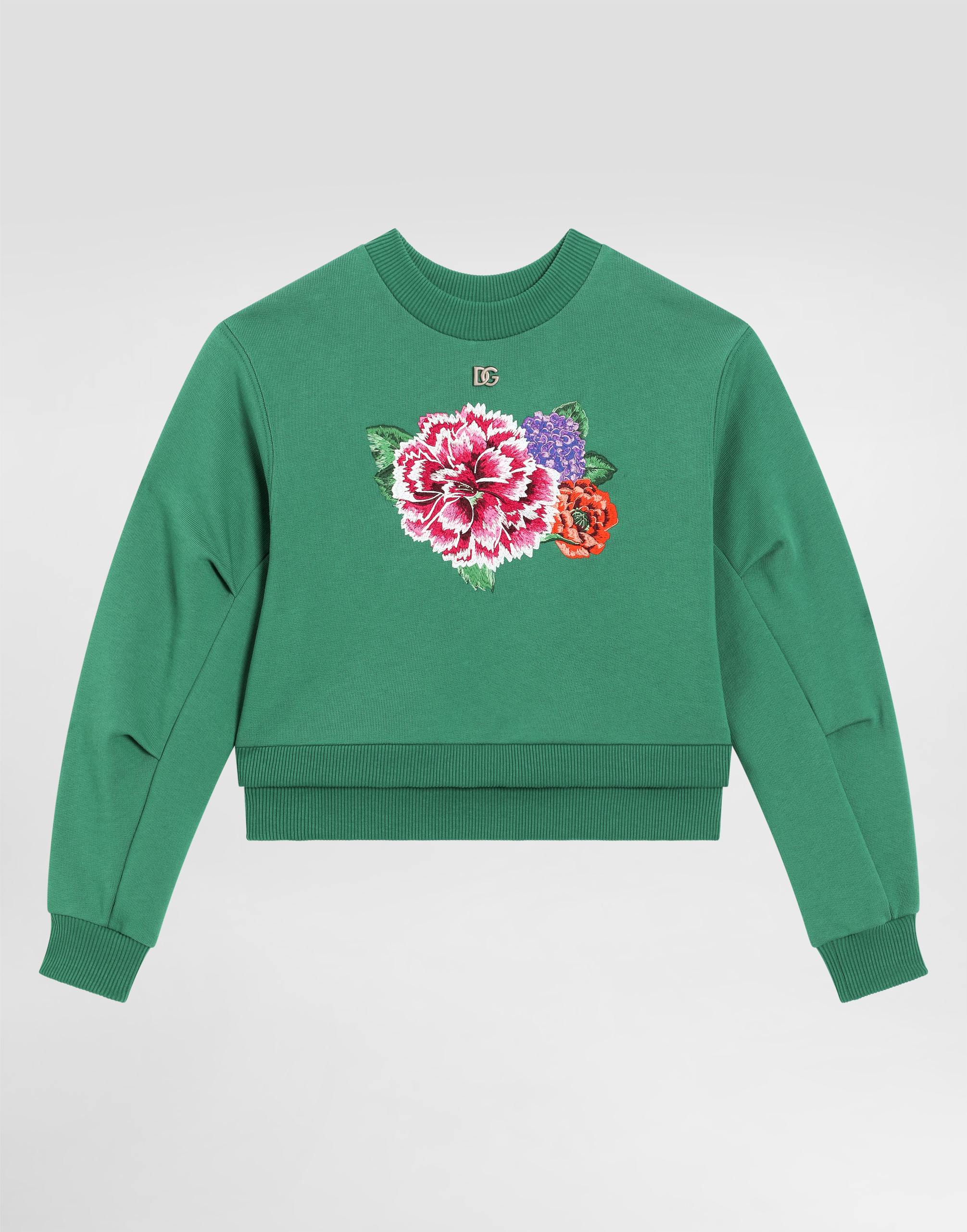 Dolce & Gabbana Round-neck Sweatshirt With Flower And Dg Logo In Green