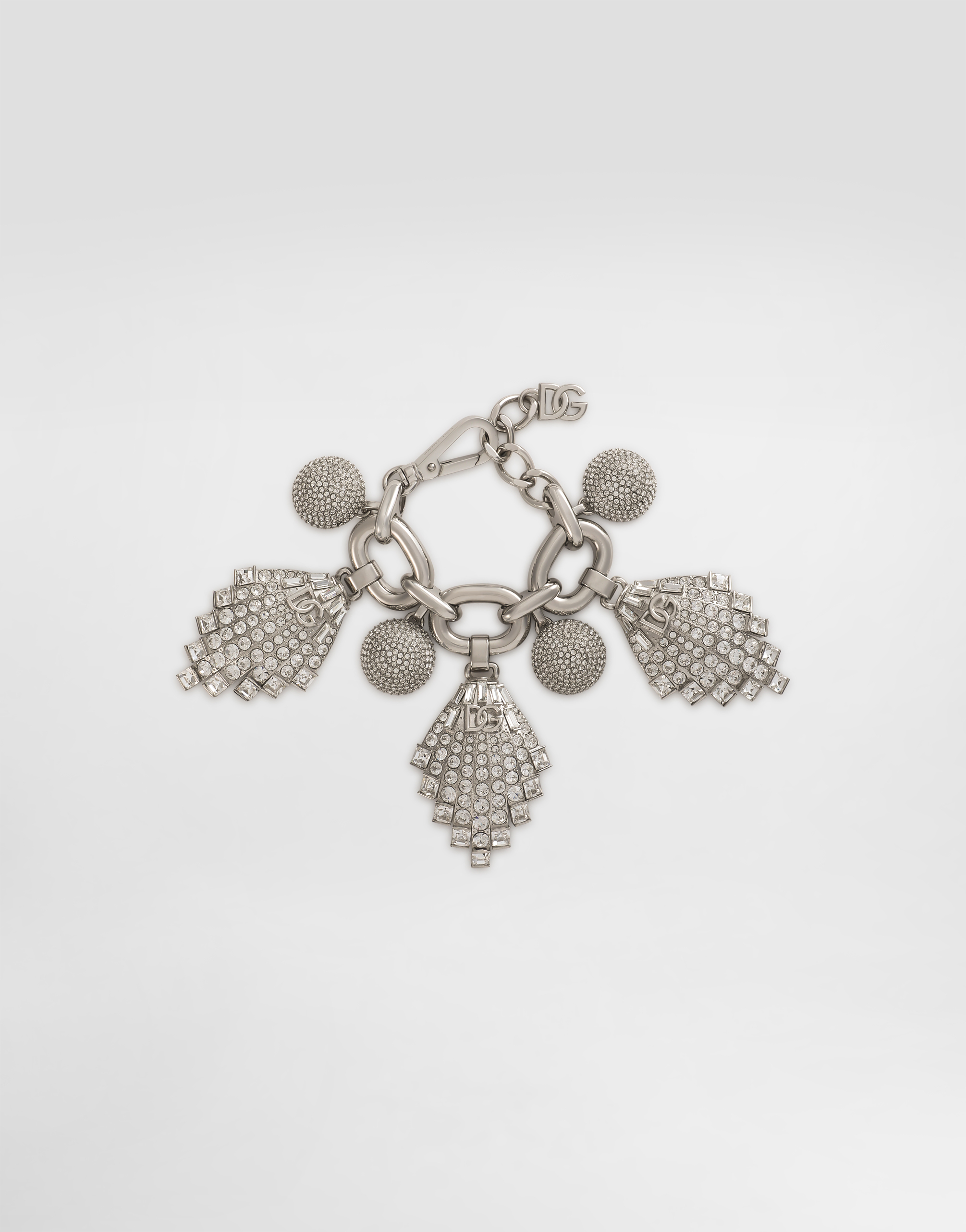 Dolce & Gabbana Maxi-bracelet With Chain, Rhinestone Accents And Dg Logo In Silver