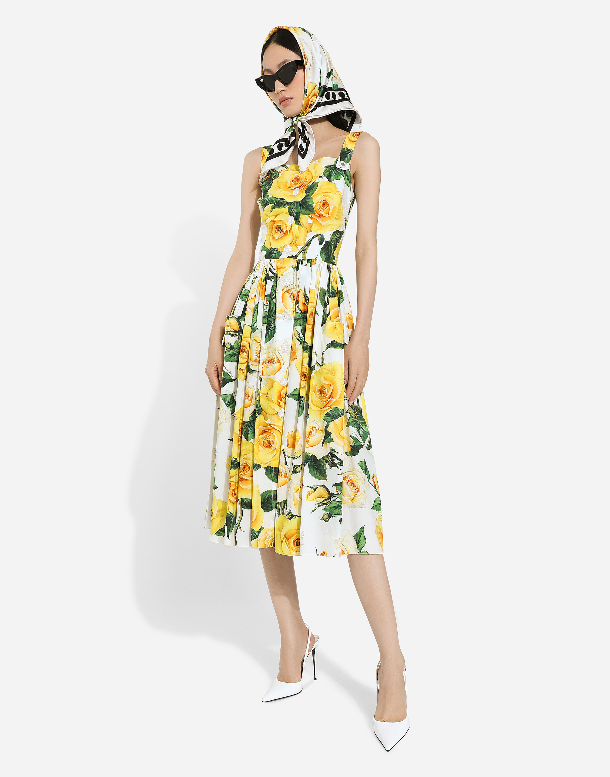 Shop Dolce & Gabbana Cotton Sundress With Yellow Rose Print