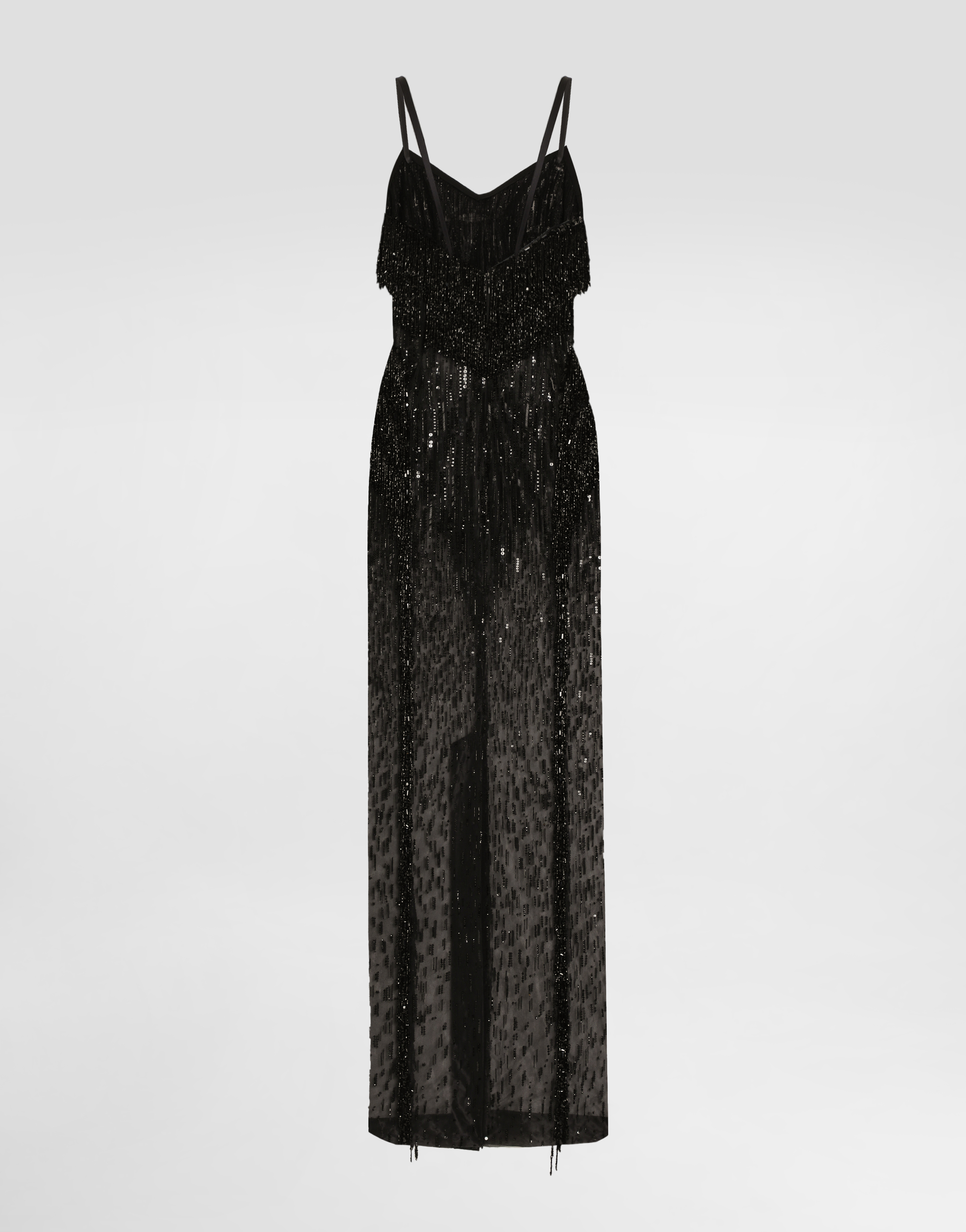 Dolce & Gabbana Long Marquisette Dress With Sequined Fringe Embellishment In Black