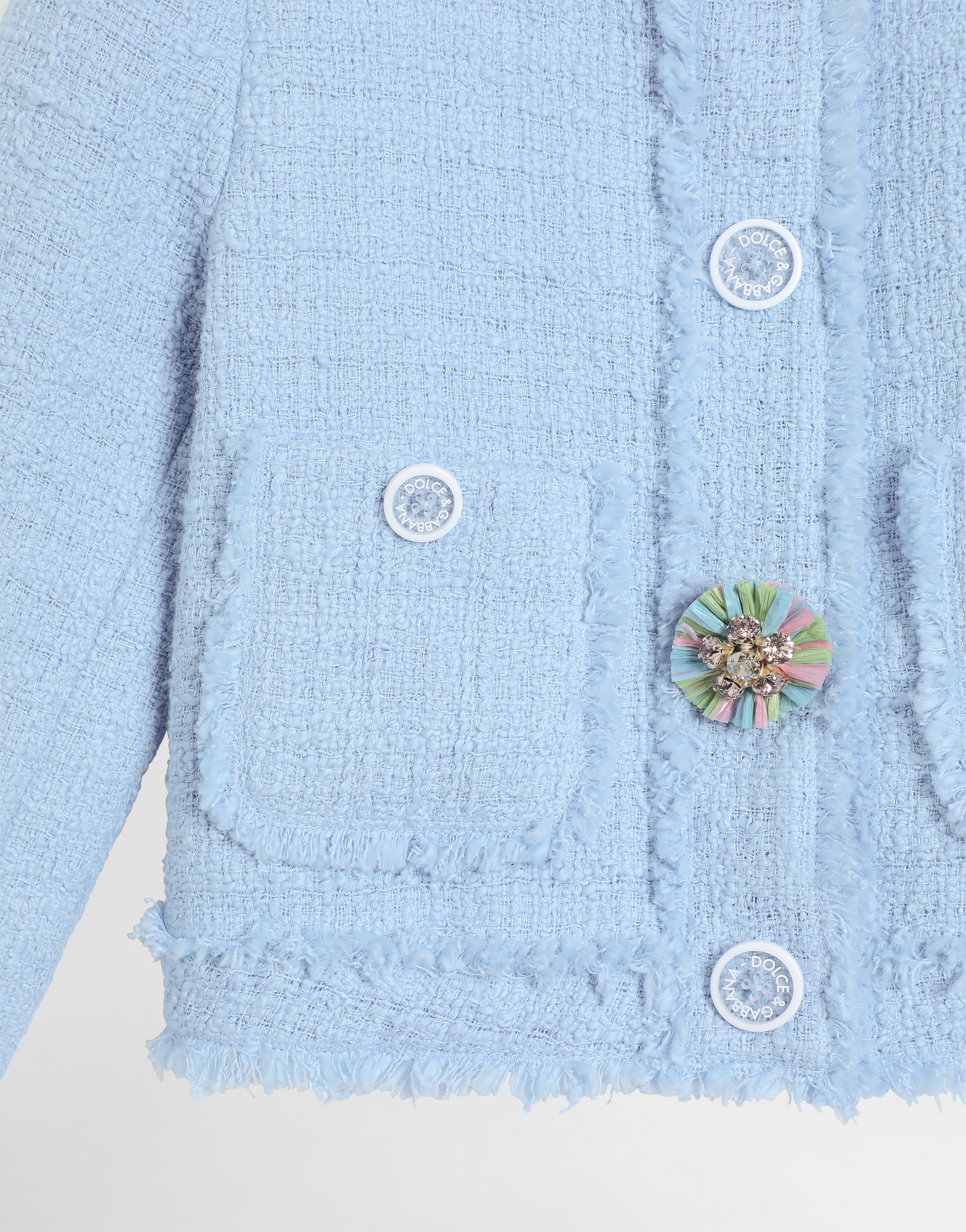 Single-breasted raschel tweed jacket with bejeweled buttons