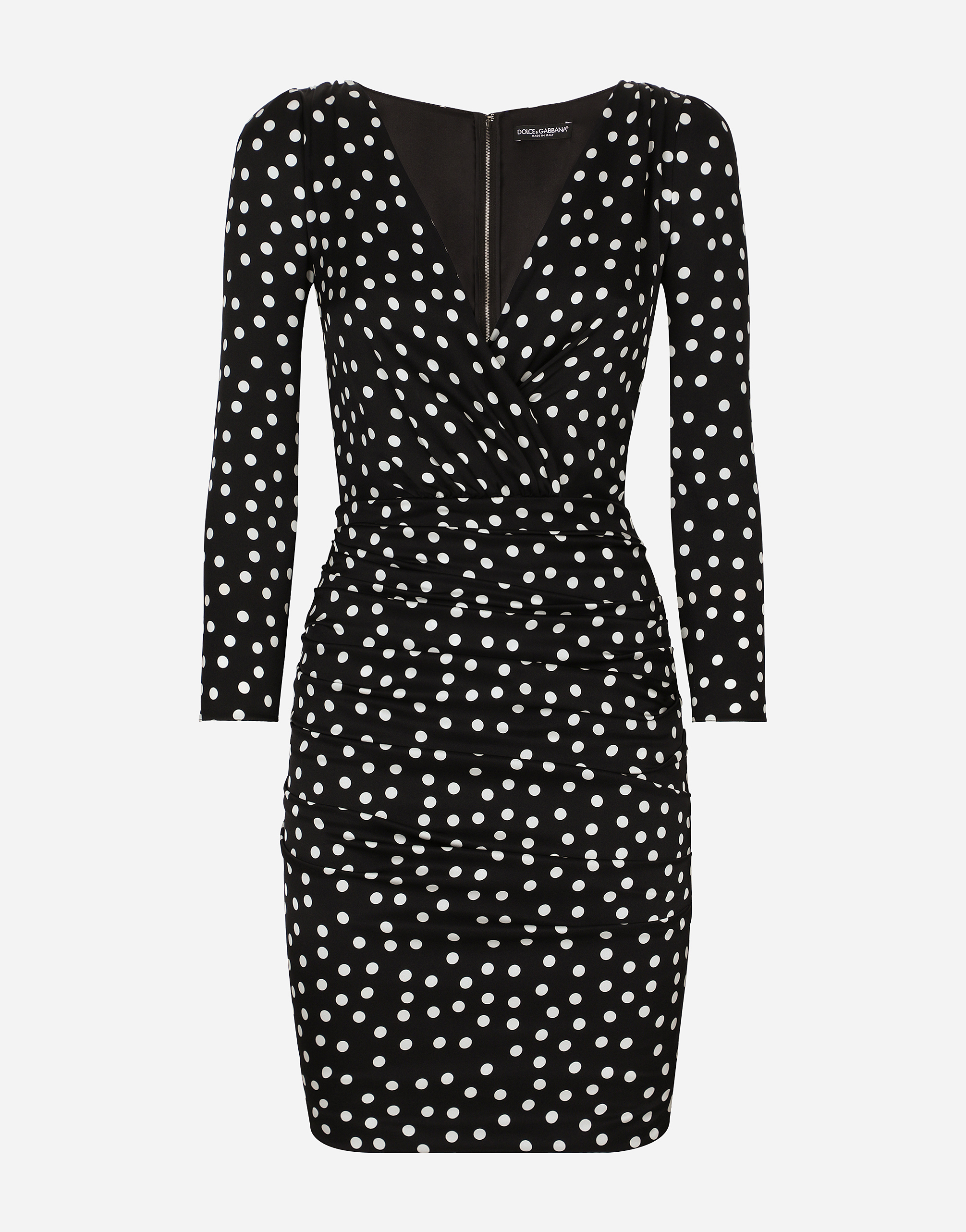 Shop Dolce & Gabbana Short Charmeuse Dress With Draped Detailing And Micro Polka-dot Print