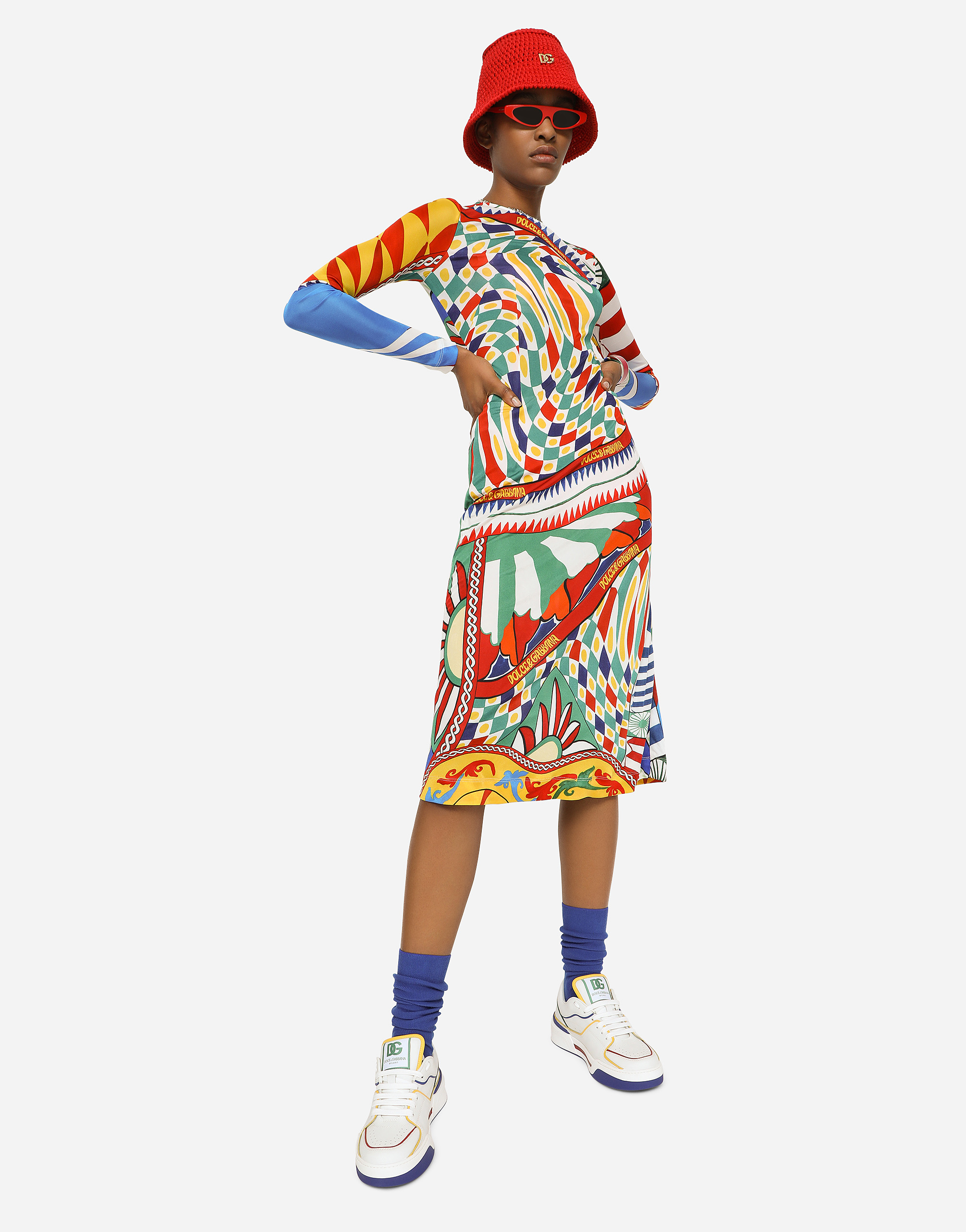 DOLCE & GABBANA CARRETTO-PRINT ORGANZINE MIDI DRESS