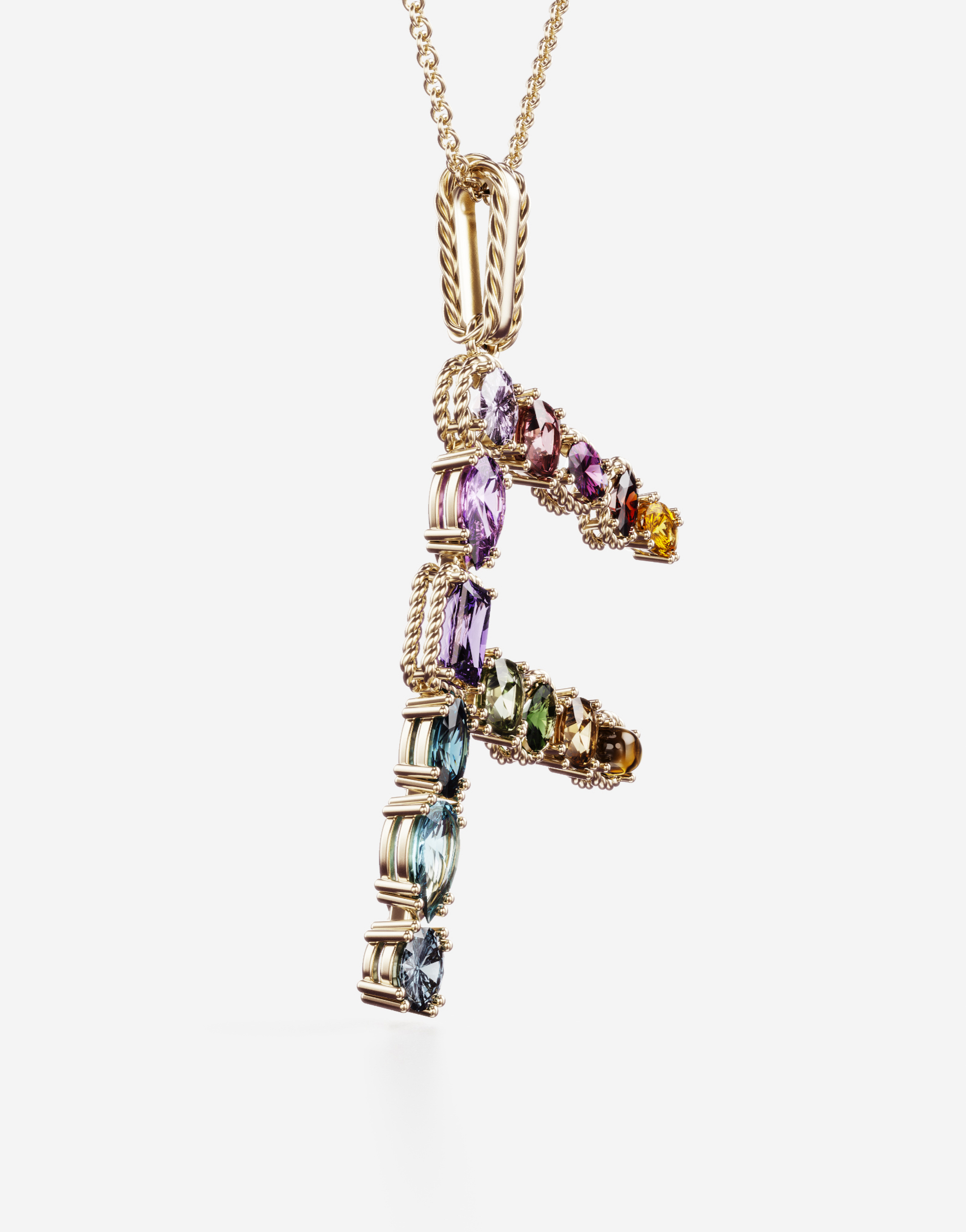 Shop Dolce & Gabbana Rainbow Alphabet F Pendant In Yellow Gold With Multicolor Fine Gems