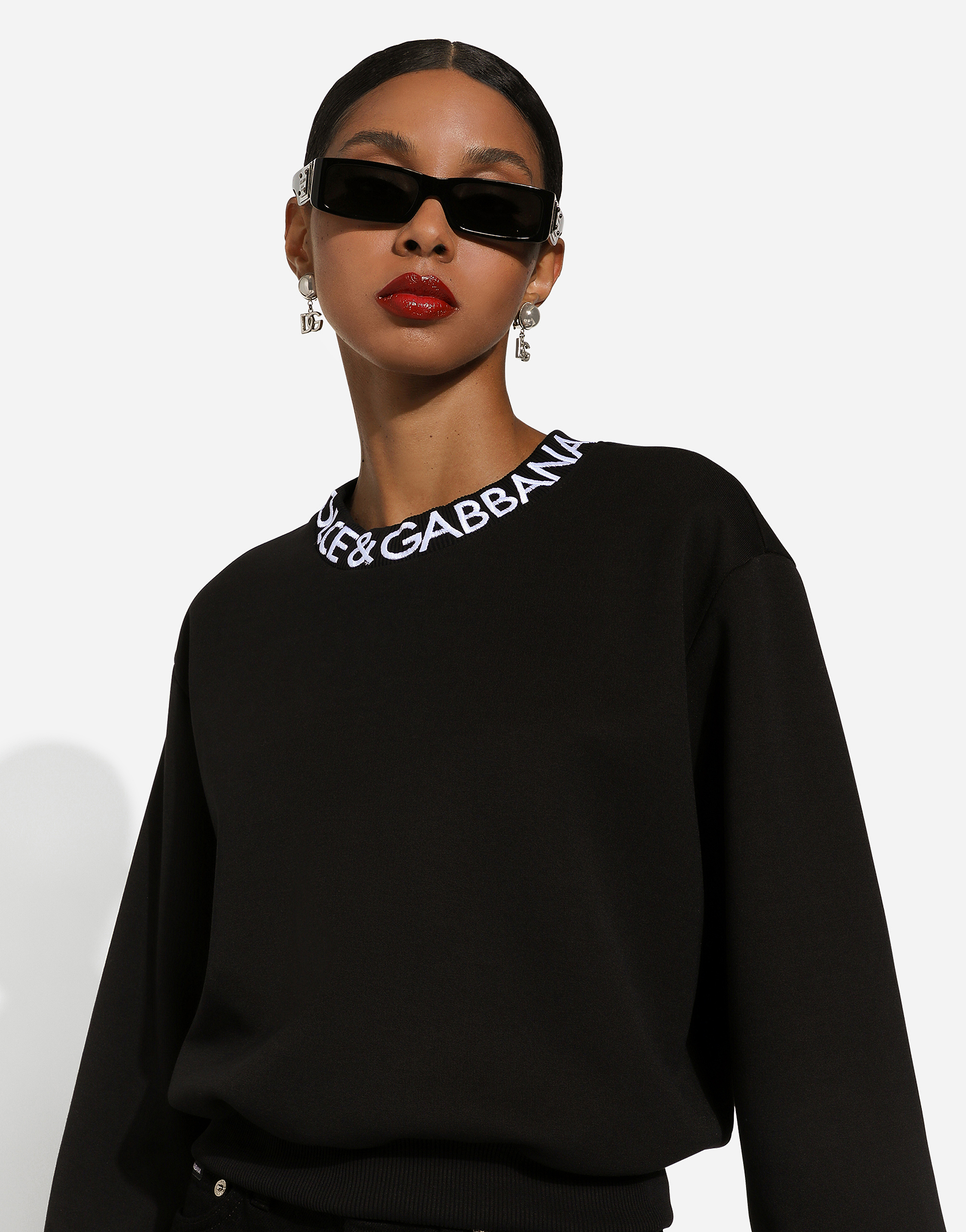 Shop Dolce & Gabbana Jersey Sweatshirt With Dolce&gabbana Logo Embroidery In Black