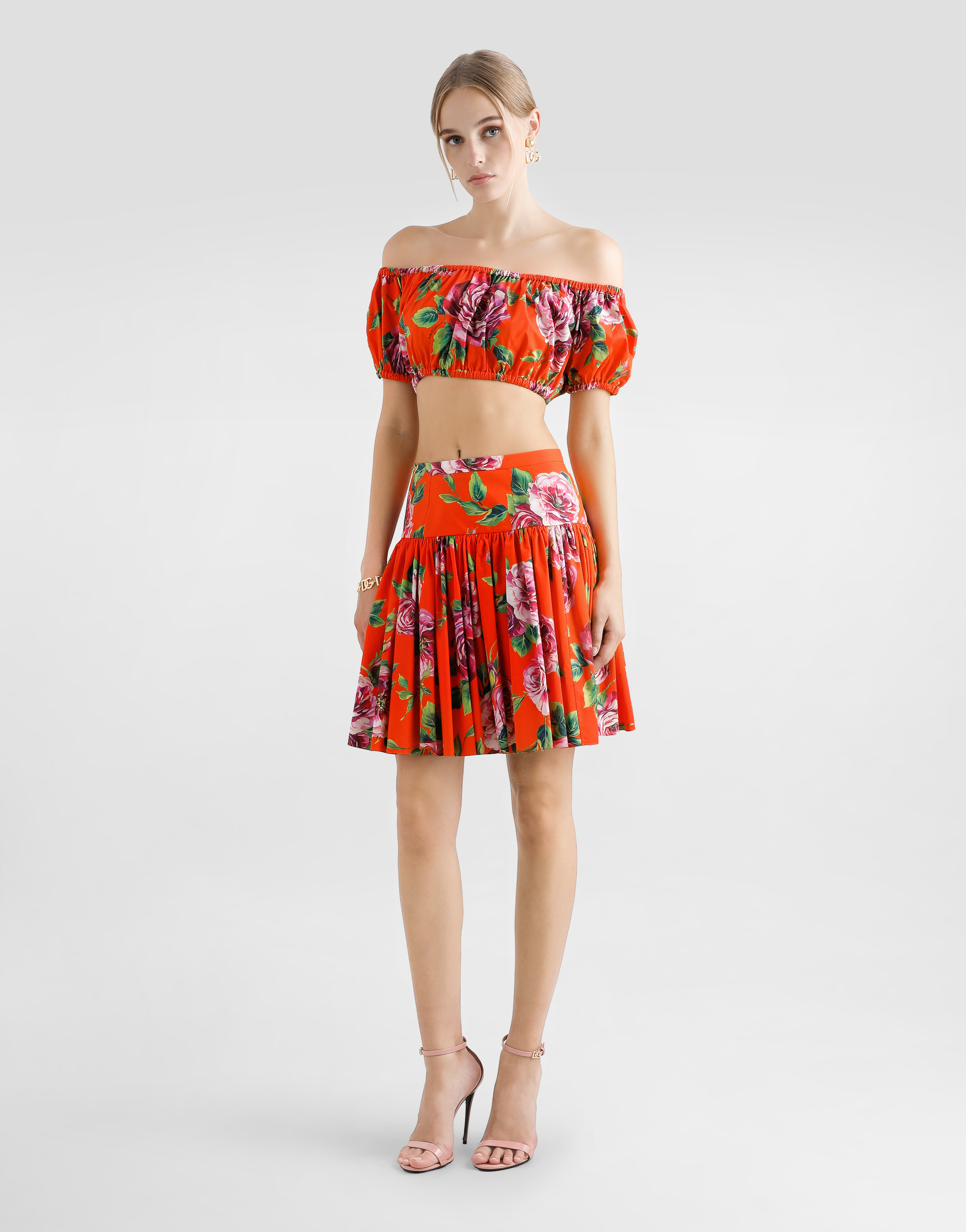 Dolce & Gabbana Bardot-neck Top In Rose-print Cotton In Print