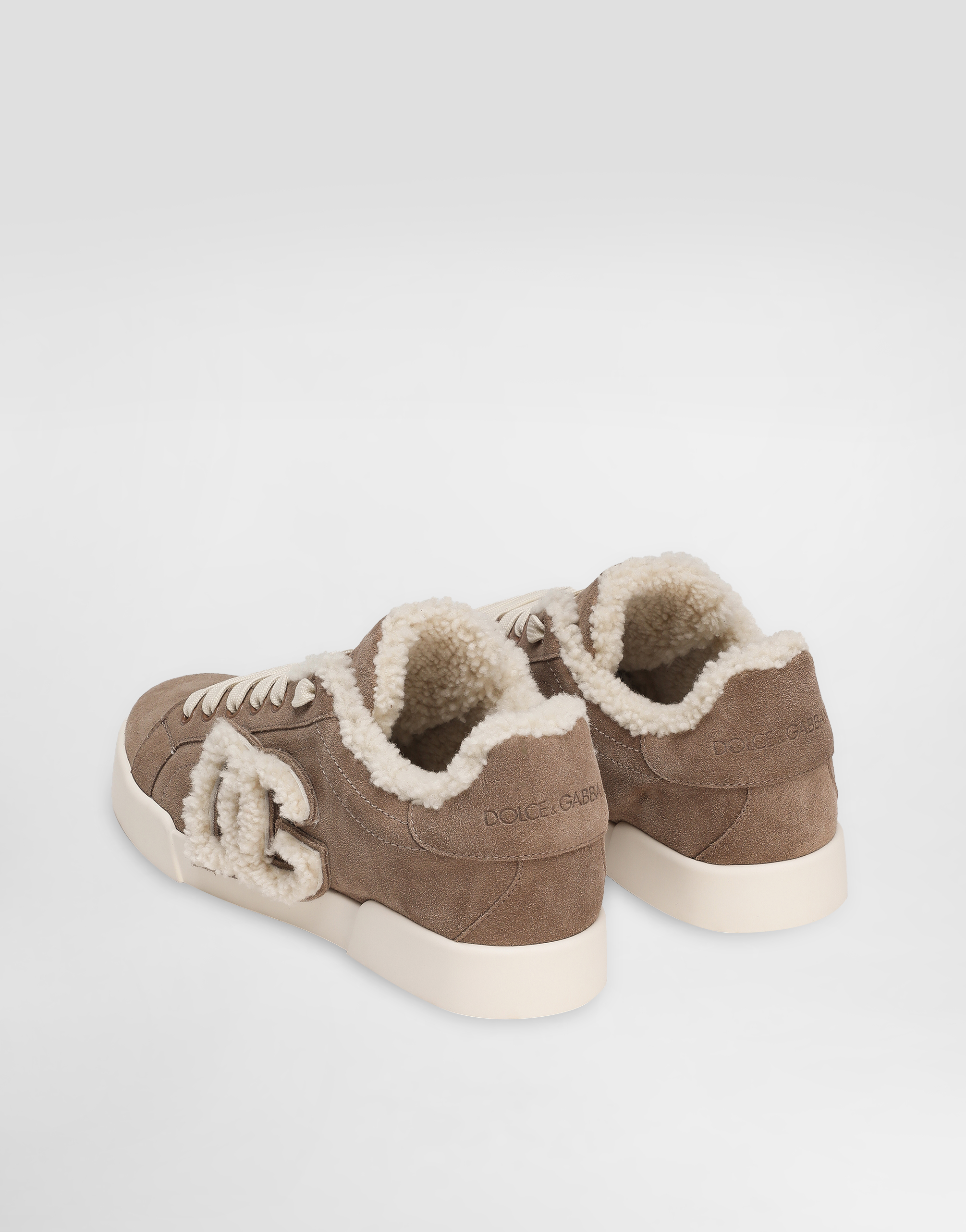 Dolce & Gabbana Portofino Light Sneakers In Calfskin And Sheepskin In Brown