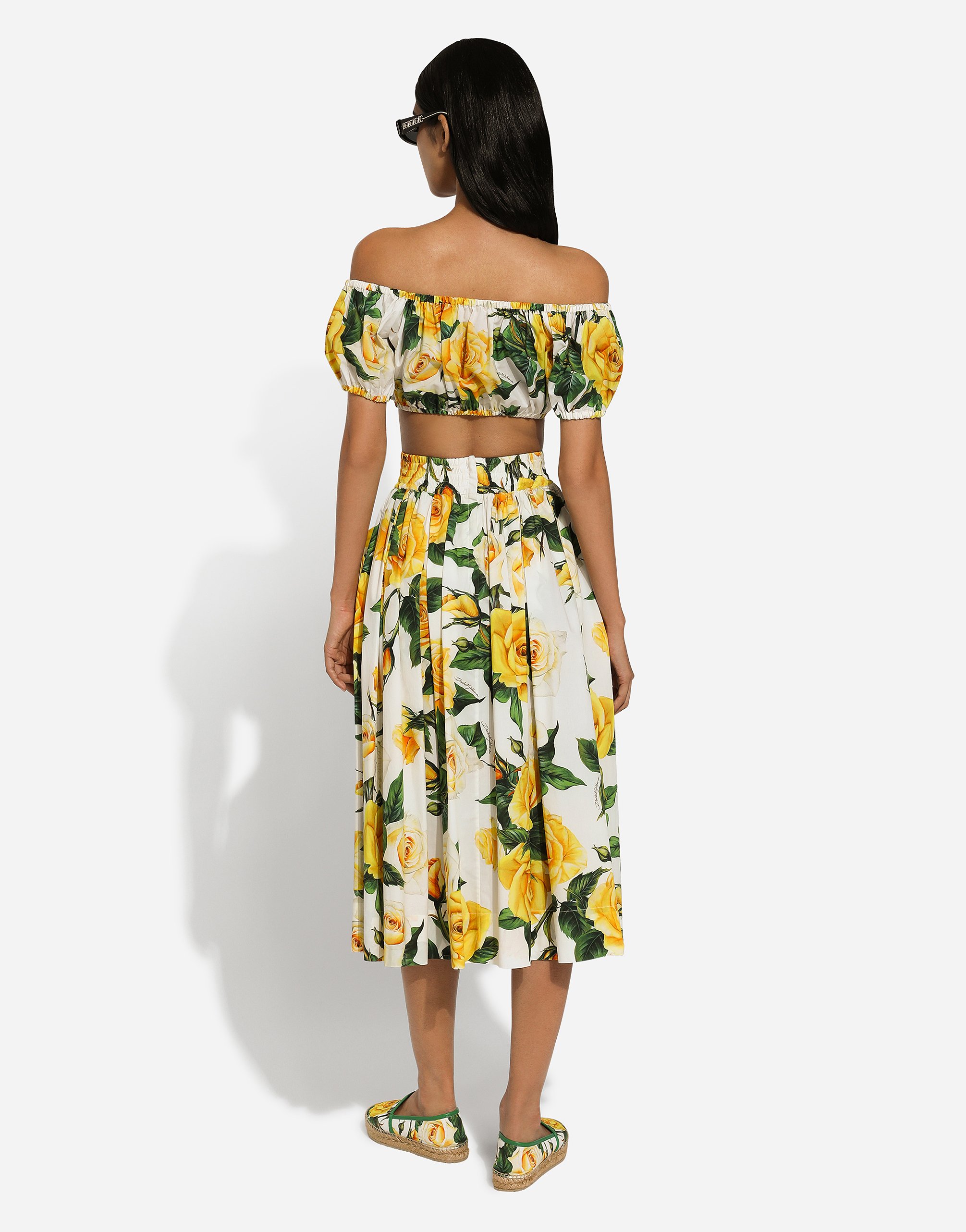 Shop Dolce & Gabbana Circle Skirt In Yellow Rose-print Cotton
