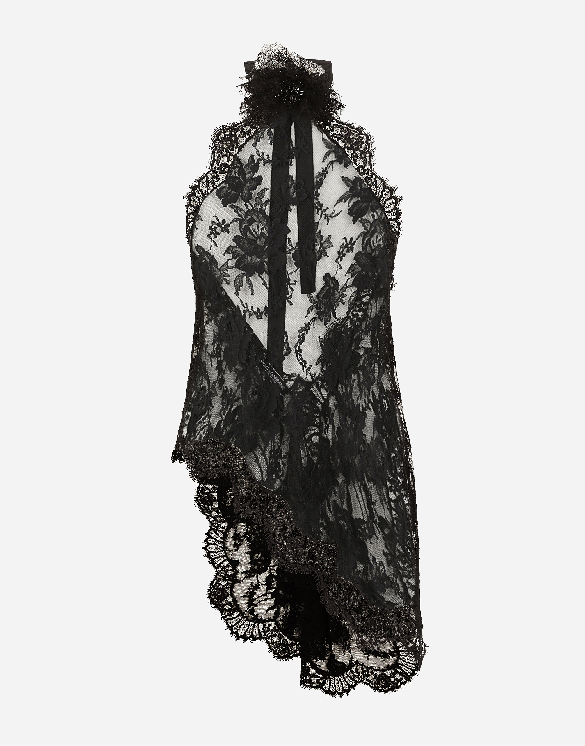 Dolce & Gabbana Asymmetrical Lace Top With Flower Detail In ブラック