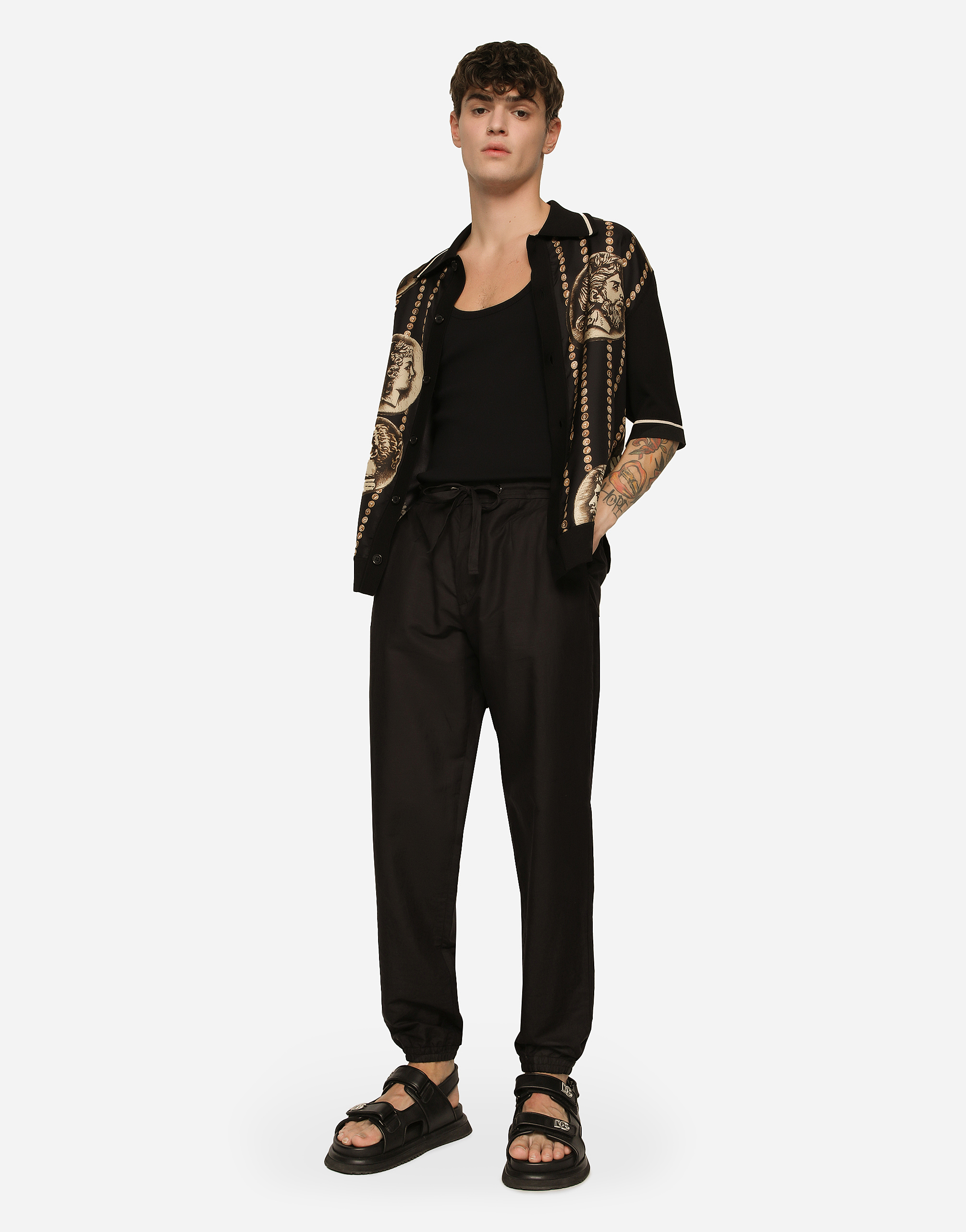 Shop Dolce & Gabbana Linen And Cotton Jogging Pants With Logo Label In Black