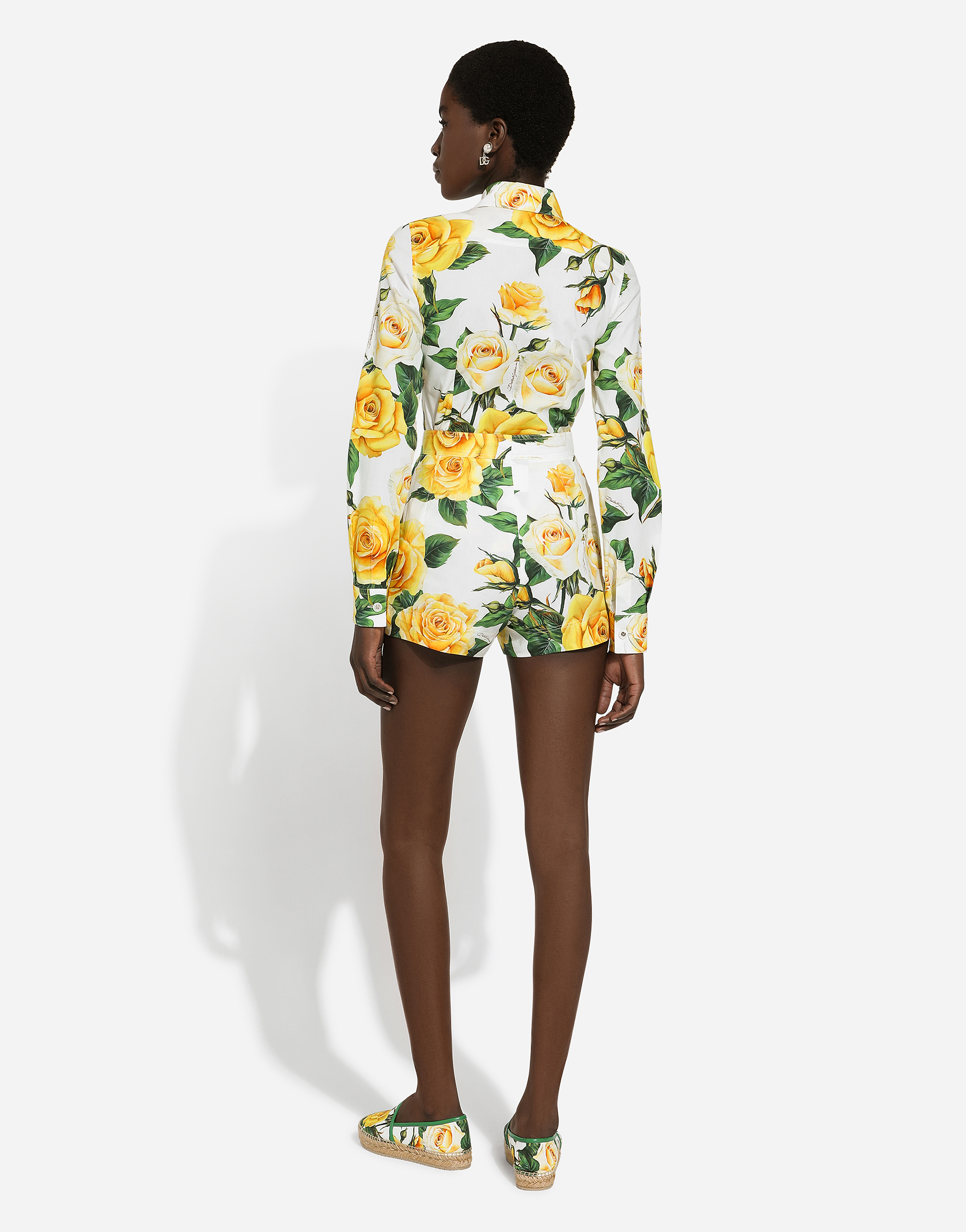 Shop Dolce & Gabbana Long-sleeved Cotton Shirt With Yellow Rose Print