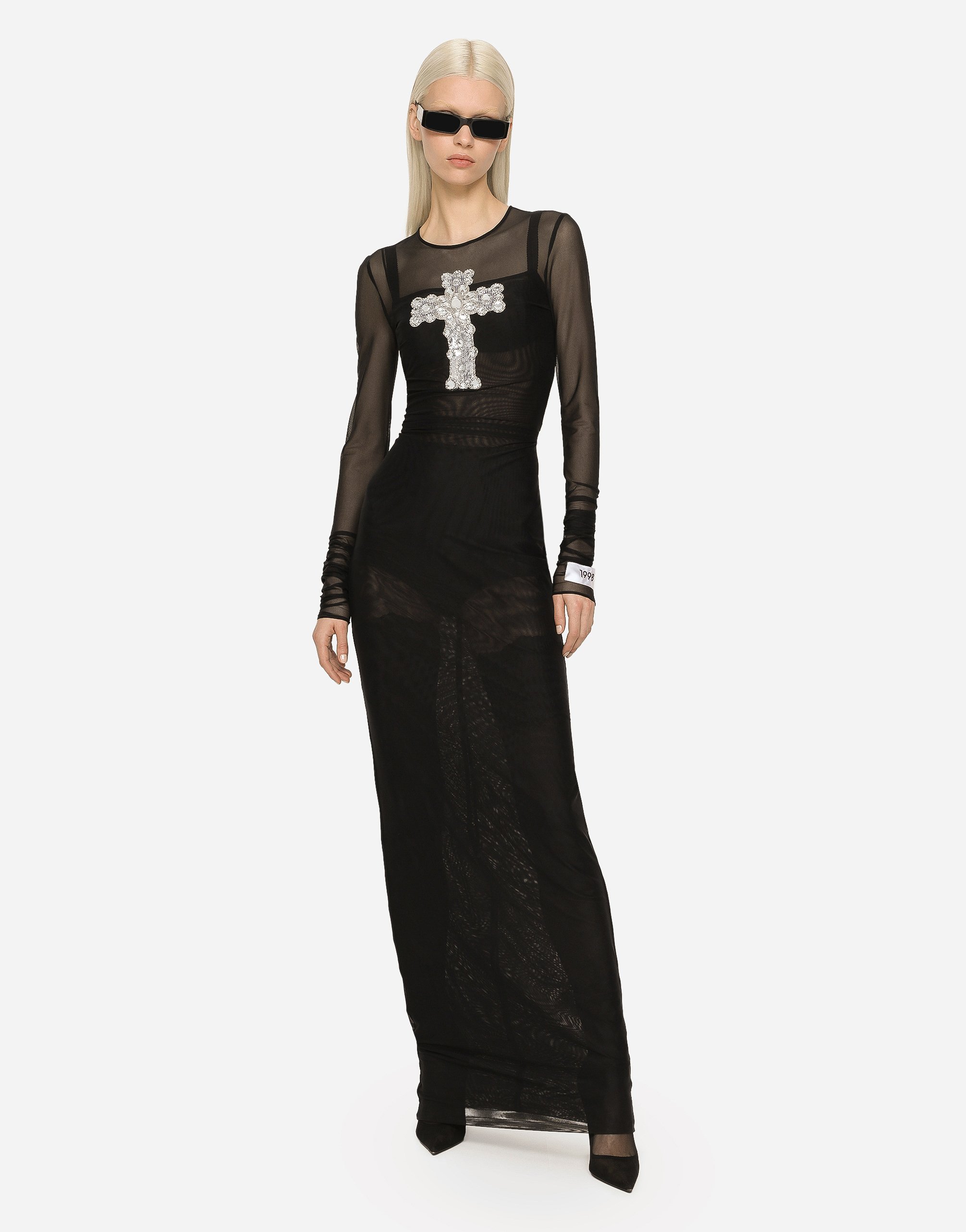 Dolce & Gabbana Long Tulle Dress With Rhinestone Cross Embellishment In Black