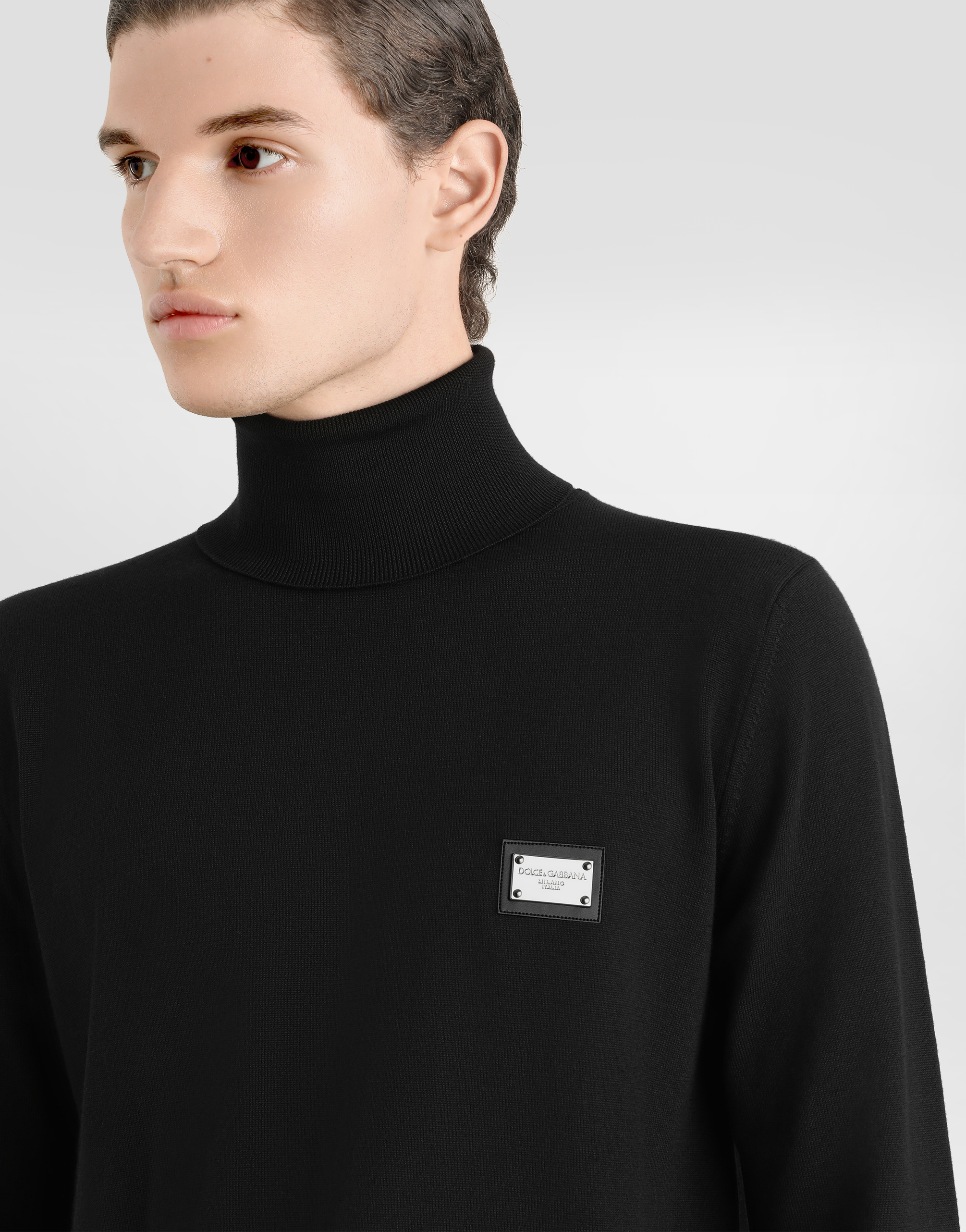 Shop Dolce & Gabbana Wool Turtle-neck Sweater With Branded Tag In Black