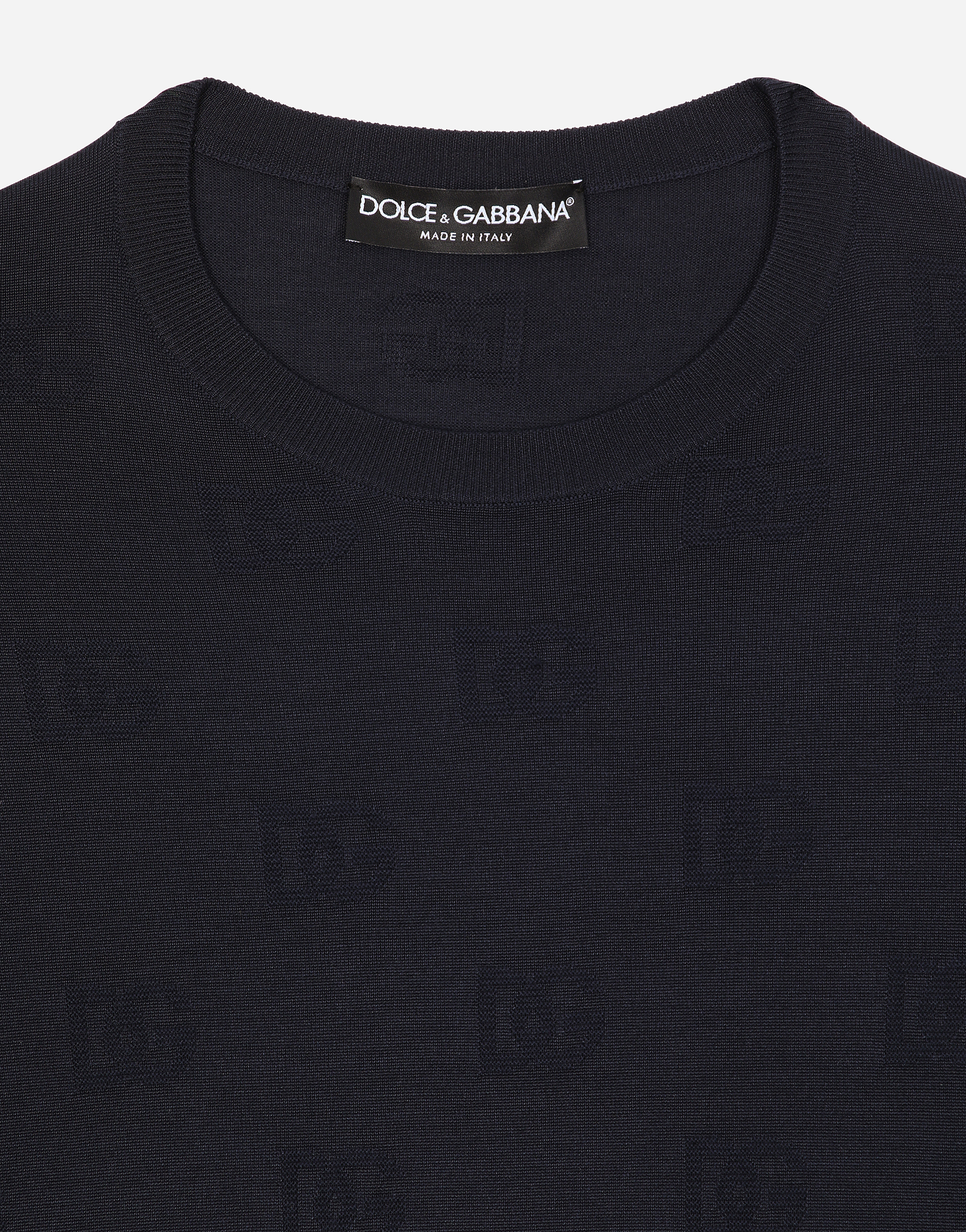 Shop Dolce & Gabbana Silk Round-neck Sweater With All-over Dg Inlay In Blue