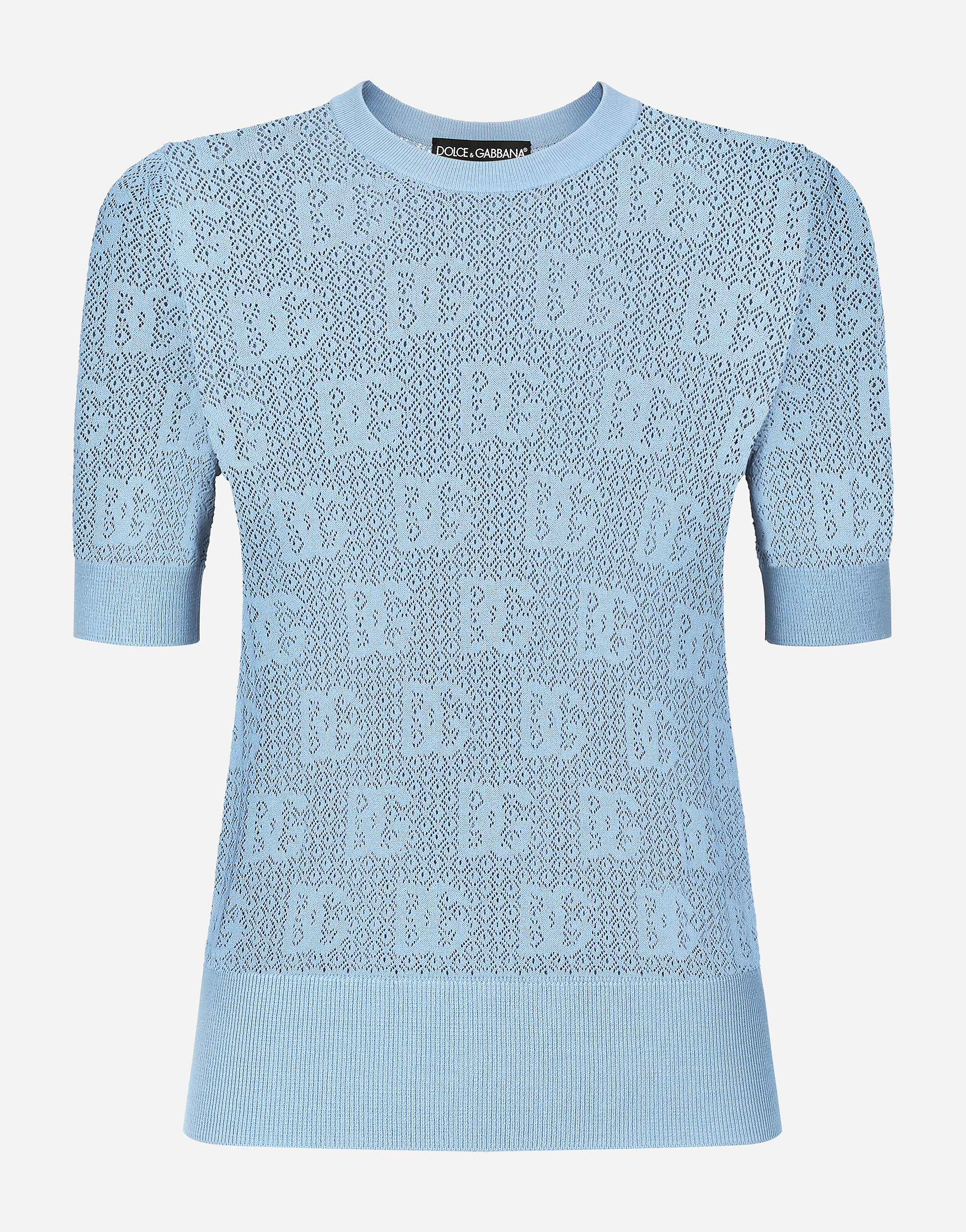 Dolce & Gabbana Lace-stitch Viscose Sweater With Jacquard Dg Logo In Azure