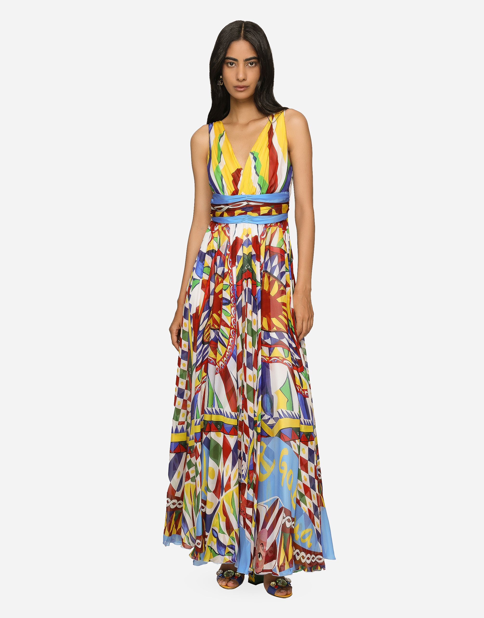 DOLCE & GABBANA LONG CARRETTO-PRINT CHIFFON DRESS